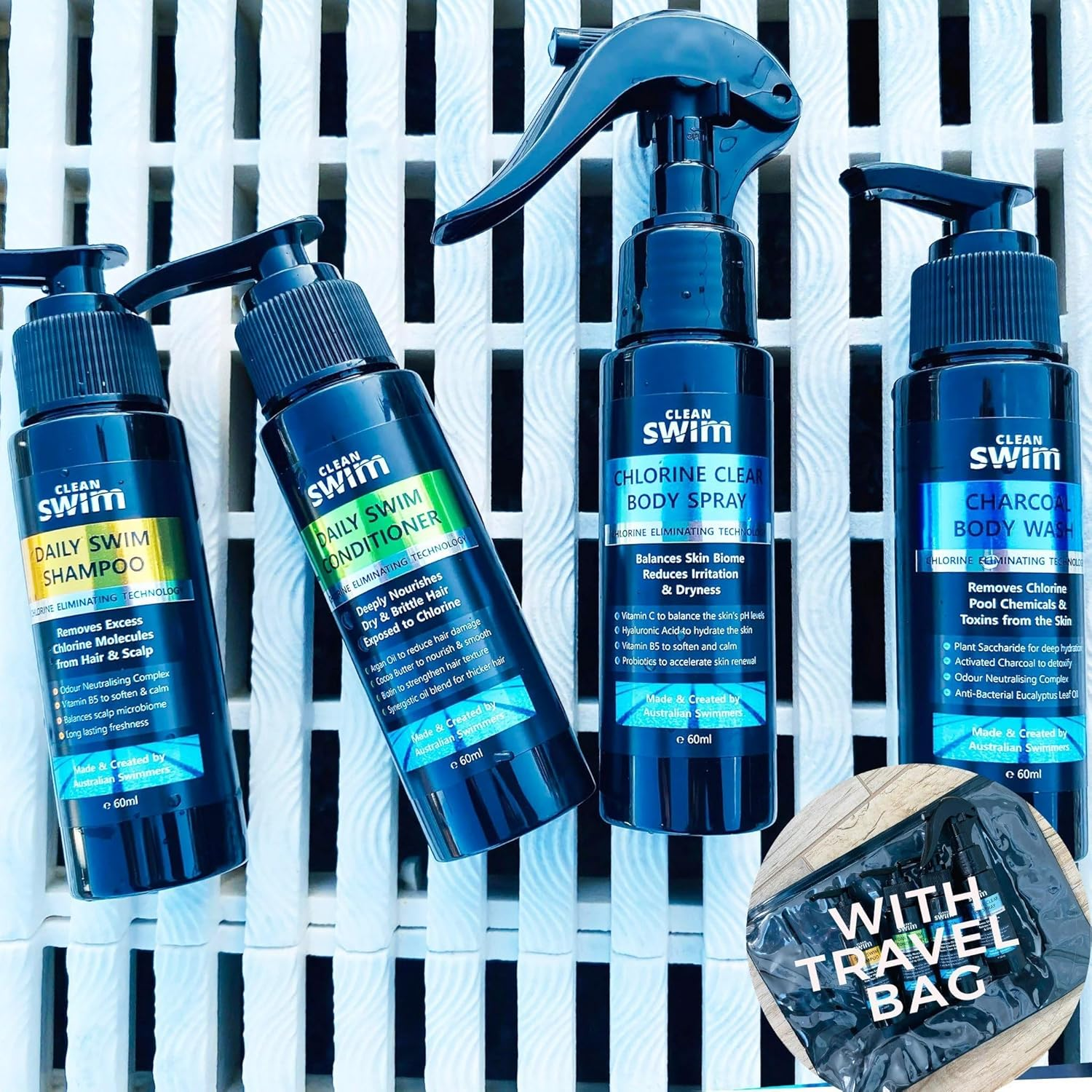 CLEAN SWIM Daily Swim Travel Set. All 4 Clean Swim Products. Charcoal Body Spray, Clean Swim Body Spray, Daily Conditioner and Shampoo 60Ml
