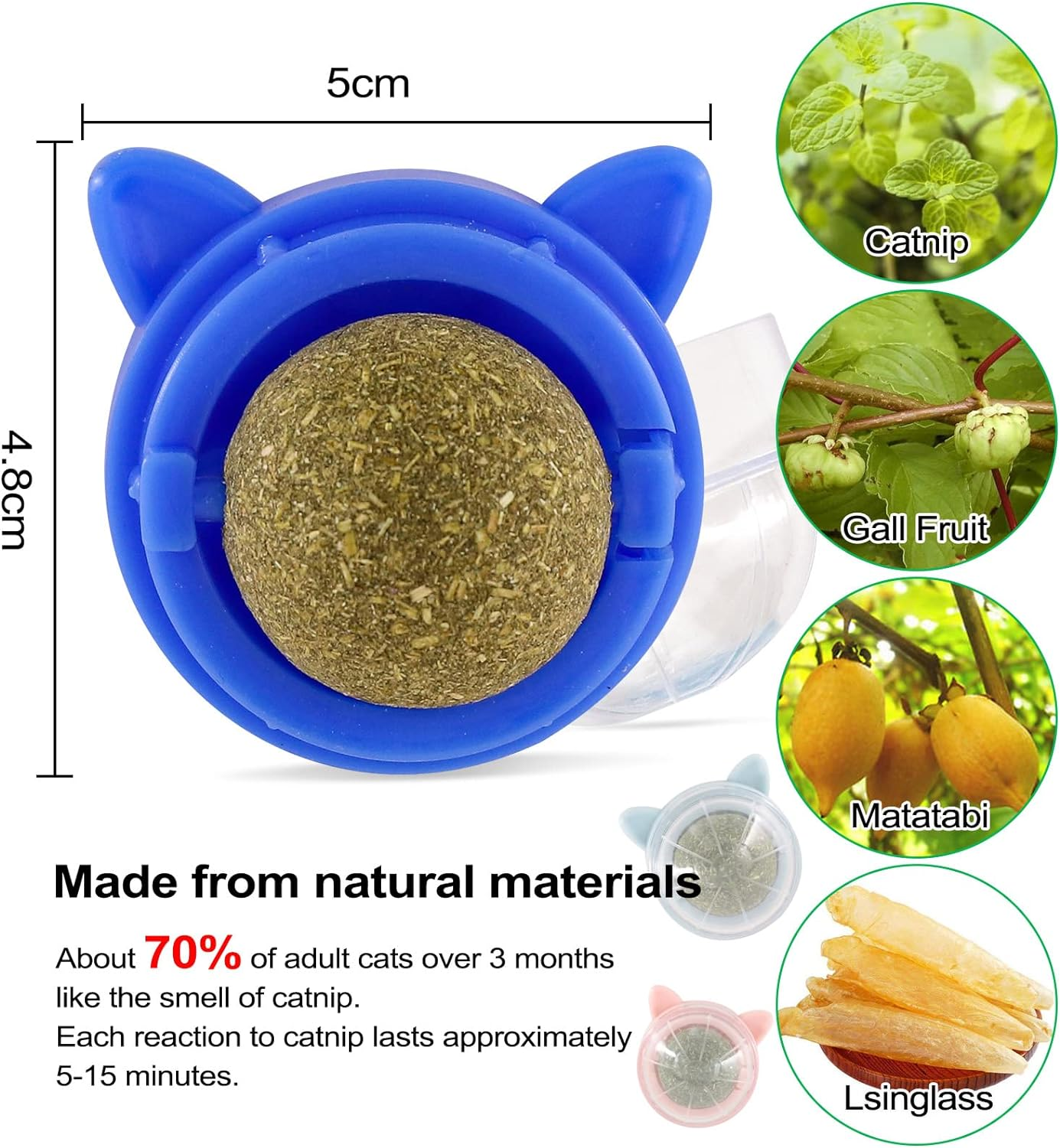 3 Catnip Balls, 360 &deg; Rotatable Cat Wall Snacks, Edible Interactive Cat Toys, Kitten Chew Treats for Cleaning Teeth image number 1