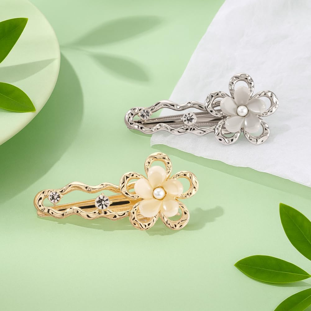 HOBBIESAY Pack of 4 Flower Click Hair Pins, Alloy Rhine, Stone Blumenclip, Gold and Silver, Cute Hair Clips, Beautiful Hair Accessories for Women, Party, Festival, Decoration, 2 Colours, 1.1 X 2.3 image number 1