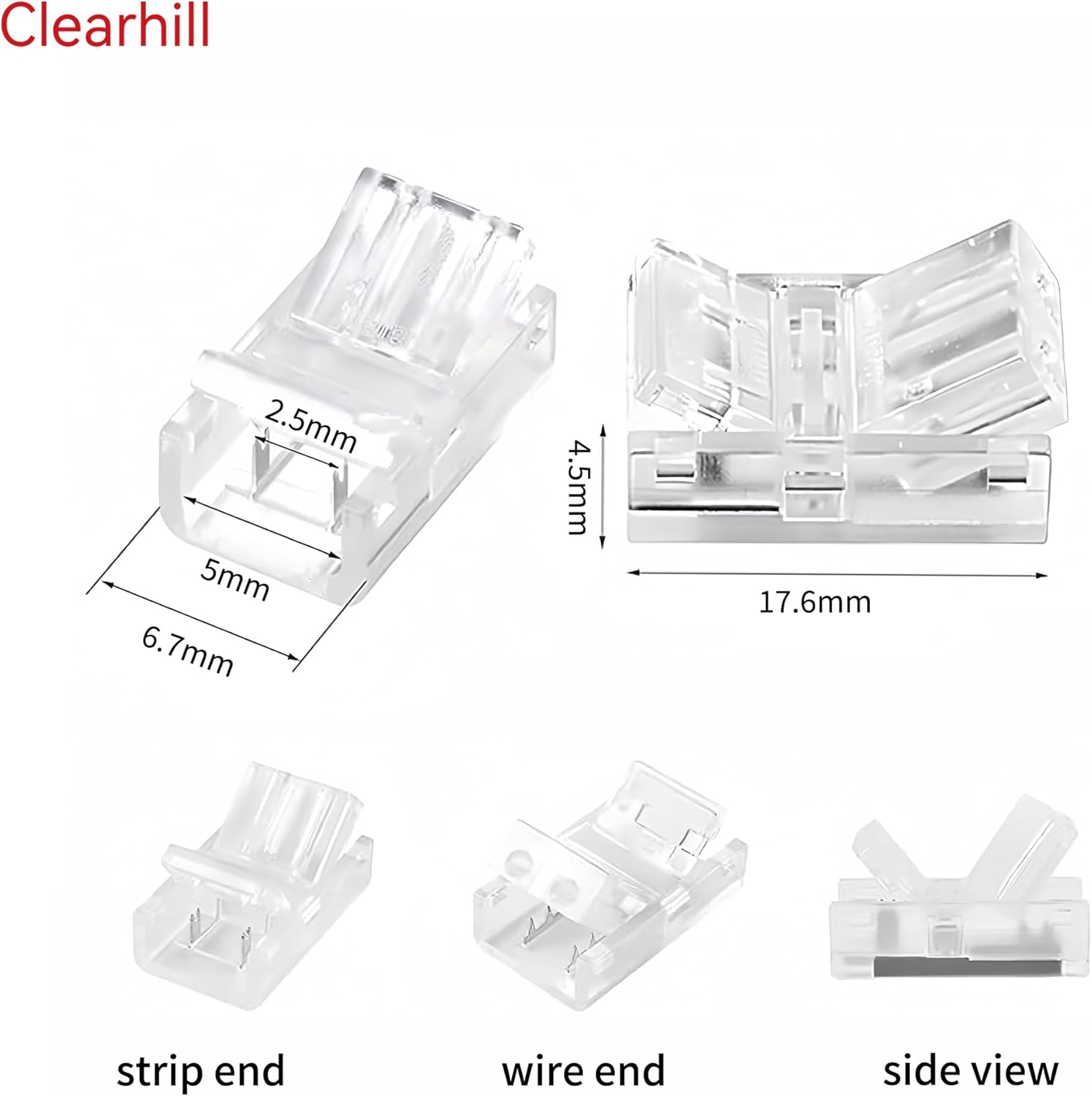 Clearhill 5Mm 2Pin 20Pcs Transparent Solderless LED Light Strip Connectors,Strip to Wire Connectors,For Single Color 5V/12V/24V LED Strips,No Soldering Required.