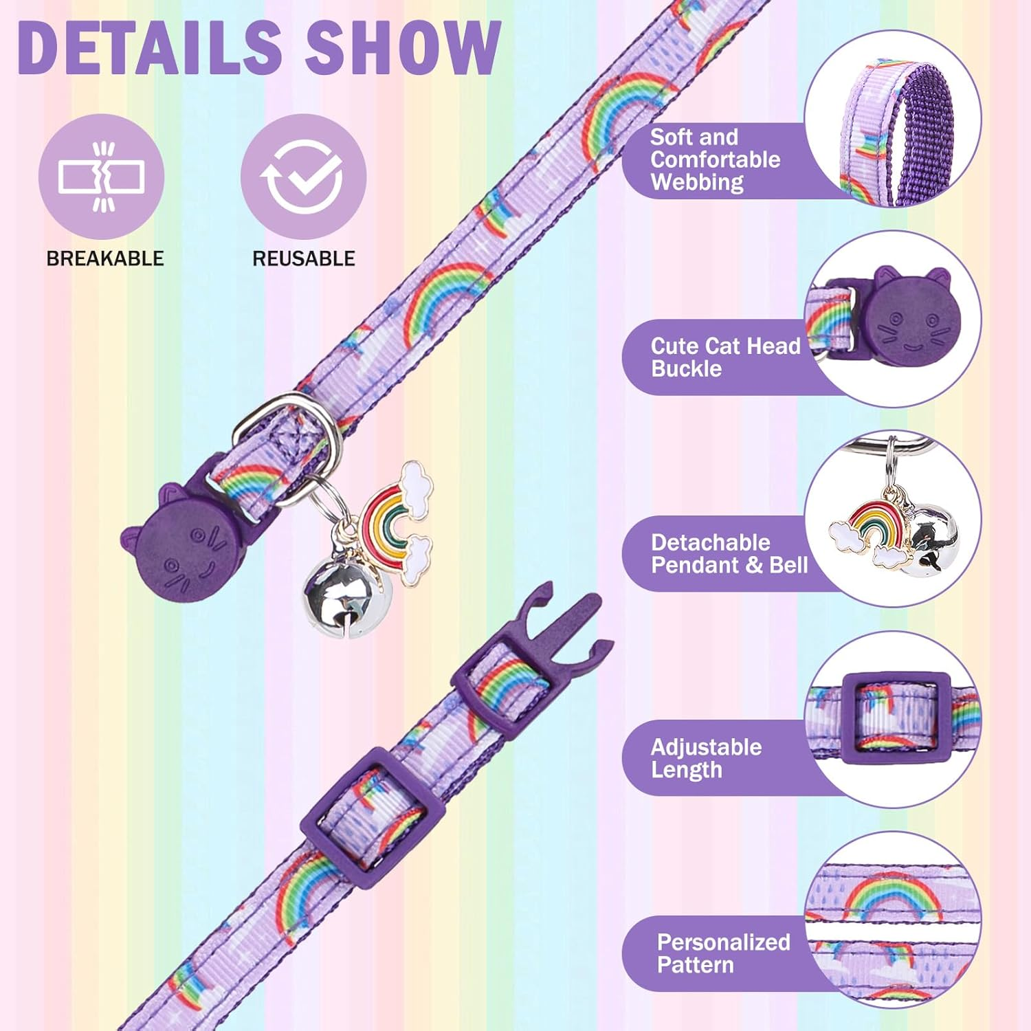 SCENEREAL Cat Collar with Bells, 2 Pcs Breakaway Cat Collars with Adustable Bowtie, Safety Kitten Collar for Boy Girl Cats Puppy, Cute Rainbow & Floral Pet Collar, Green & Purple - Butterfly  Avocado image number 6