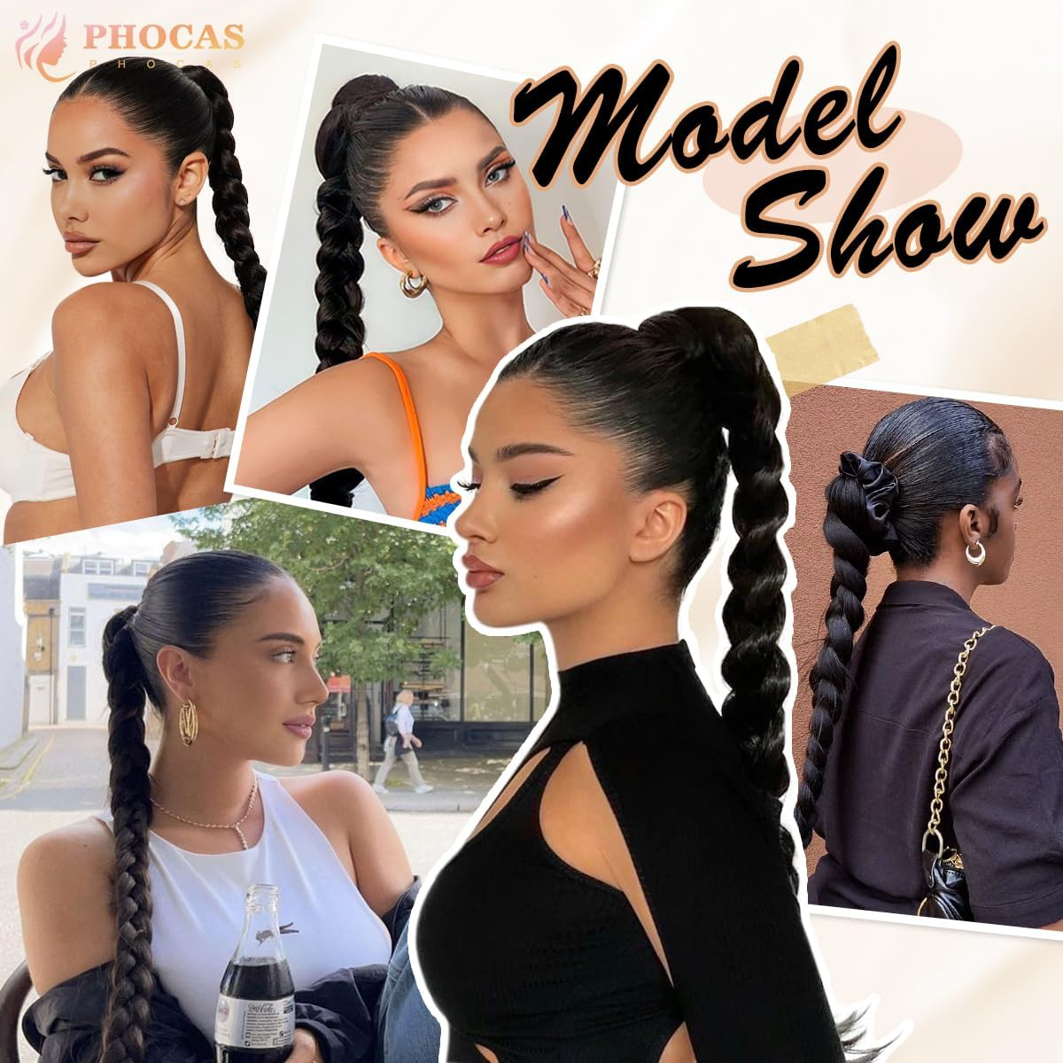 PHOCAS Long Braided Ponytail Extension with Hair Tie 32'' DIY Synthetic Ponytail Hair Extensions Ponytail Hair Pieces for Women Daily Wear(Black) - A-Black image number 3