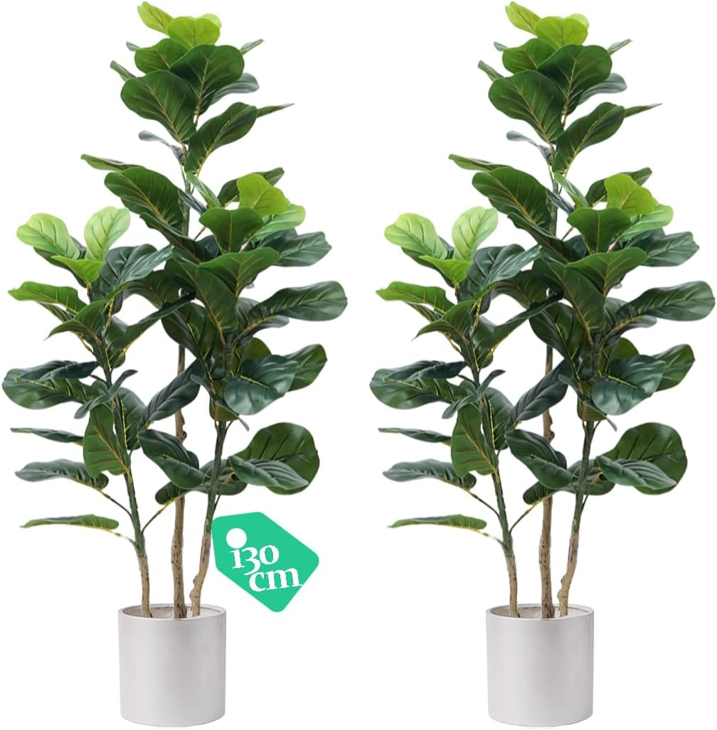 Set of 2 Artificial Fiddle Leaf Fig Trees, 130CM Tall Fake Plants with Pots, Large Faux Ficus Lyrata with Realistic Green Leaves for Indoor Home Decor, Outdoor Decoration &ndash; (130CM-2PCS-B)