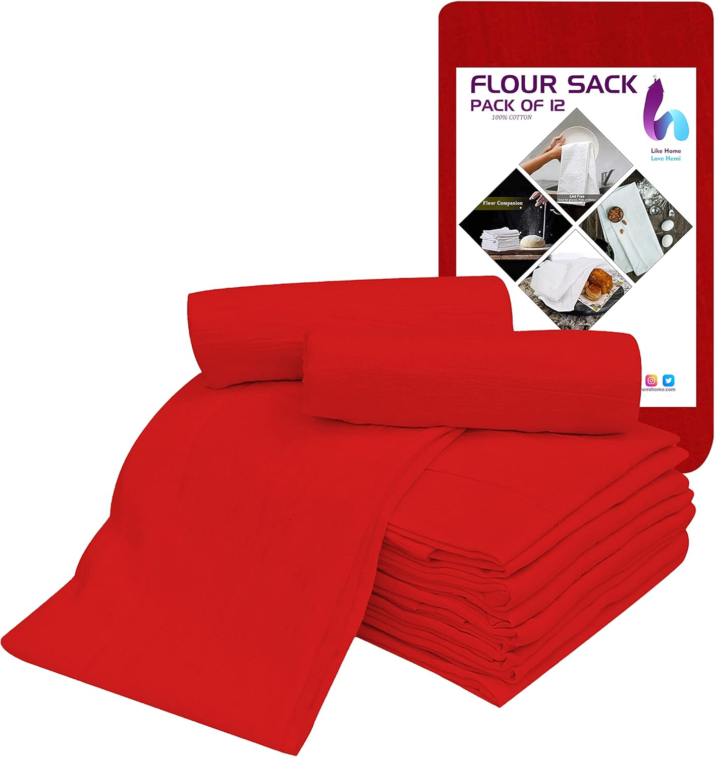 Flour Sack Kitchen Towels (Optical White, 12 Pack), 100% Cotton 28 X 28 Inches Cloth Napkins, Multi Purpose Dish Cloth | Tea Towels | Kitchen Towels&hellip; (Red) image number 2