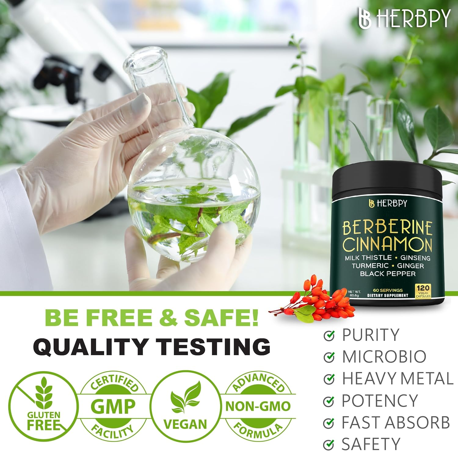 HERBPY 7In1 Premium Berberine Hcl 97% and Ceylon Cinnamon - with Ginseng, Turmeric, Ginger, Milk Thistle & Black Pepper - 120 Vegan Capsules image number 4