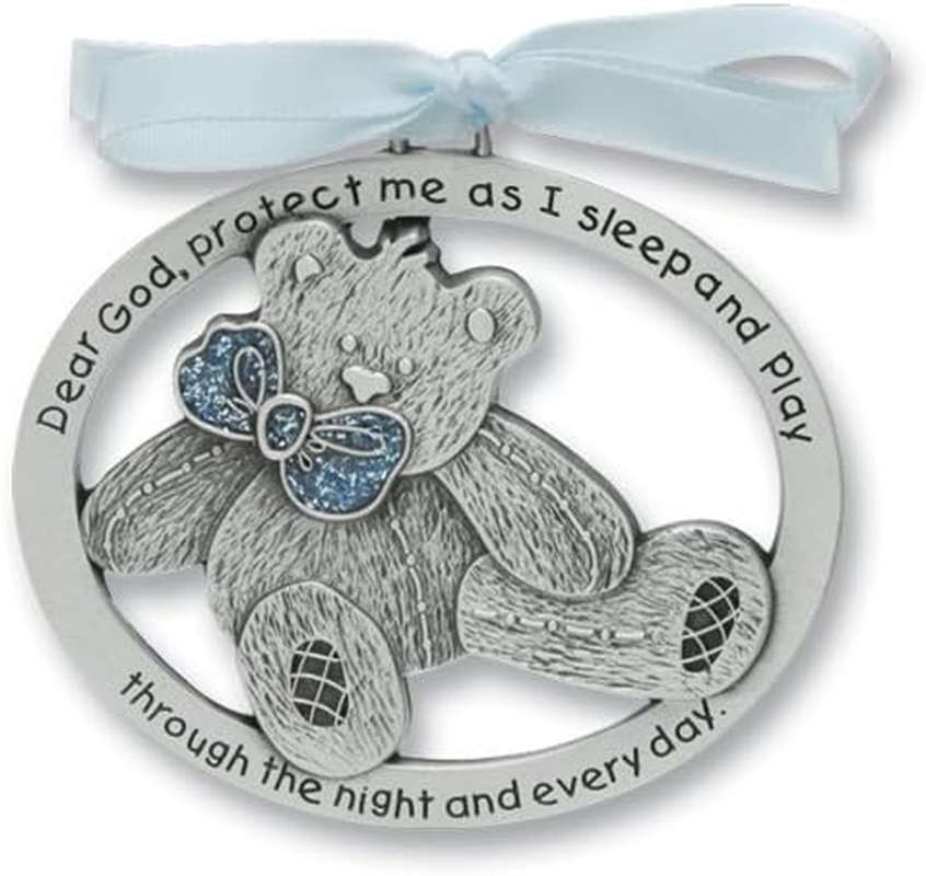 Sweet Teddy Bear Crib Medal for Baby Boy Crib Medal with Verse 2-1/2 Pewter Finish - Christening/Shower Gift/Baptism Keepsake/With Blue Ribbon- Infant - Newborn