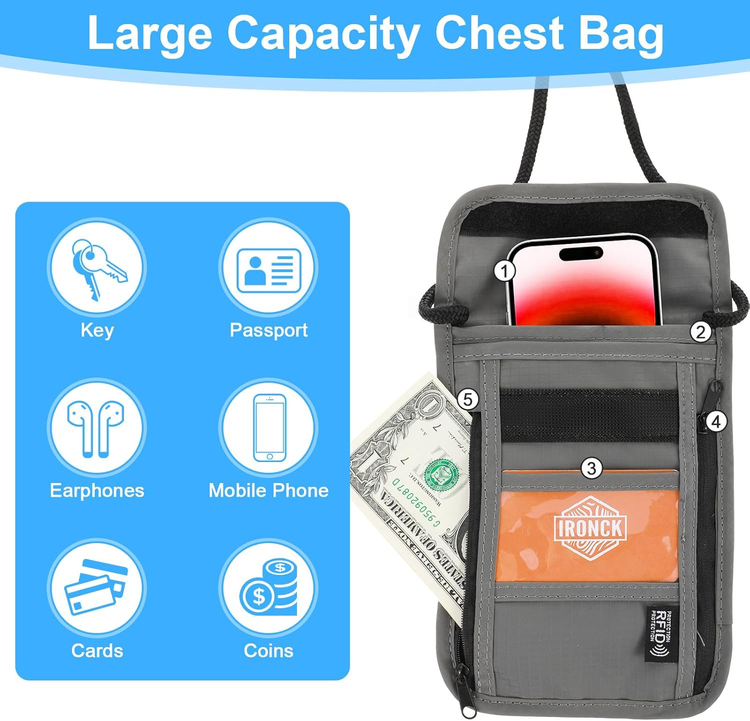 LXUEJIE Neck Pouch with RFID Protection, Anti-Theft Unisex Travel Wallet, Waterproof Neck Pouch, Men'S Hidden Chest Pocket for Passport, Credit Cards, Smartphone, Coins, Money (Black), Gray, 19 X 14,5 image number 2