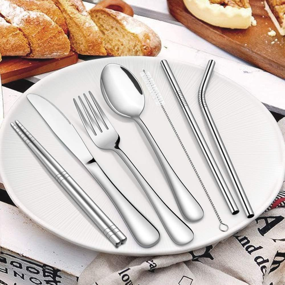 Travel Cutlery Set | Portable Camping Utensils Set Including Knife Fork Spoons Straws Chopsticks Cleaning Brush, Reusable Travel Cutlery Kit Stainless Steel [8 Piece Silver]