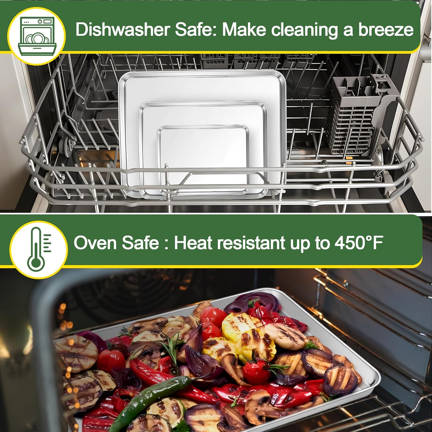 E-Far Baking Pans Set of 3, 16/12.5/9.3 Inch Stainless Steel Cookie Sheet Pan for Oven, Bakeware for Brownie Lasagna Casserole Cake, Non Toxic & Easy Clean image number 6