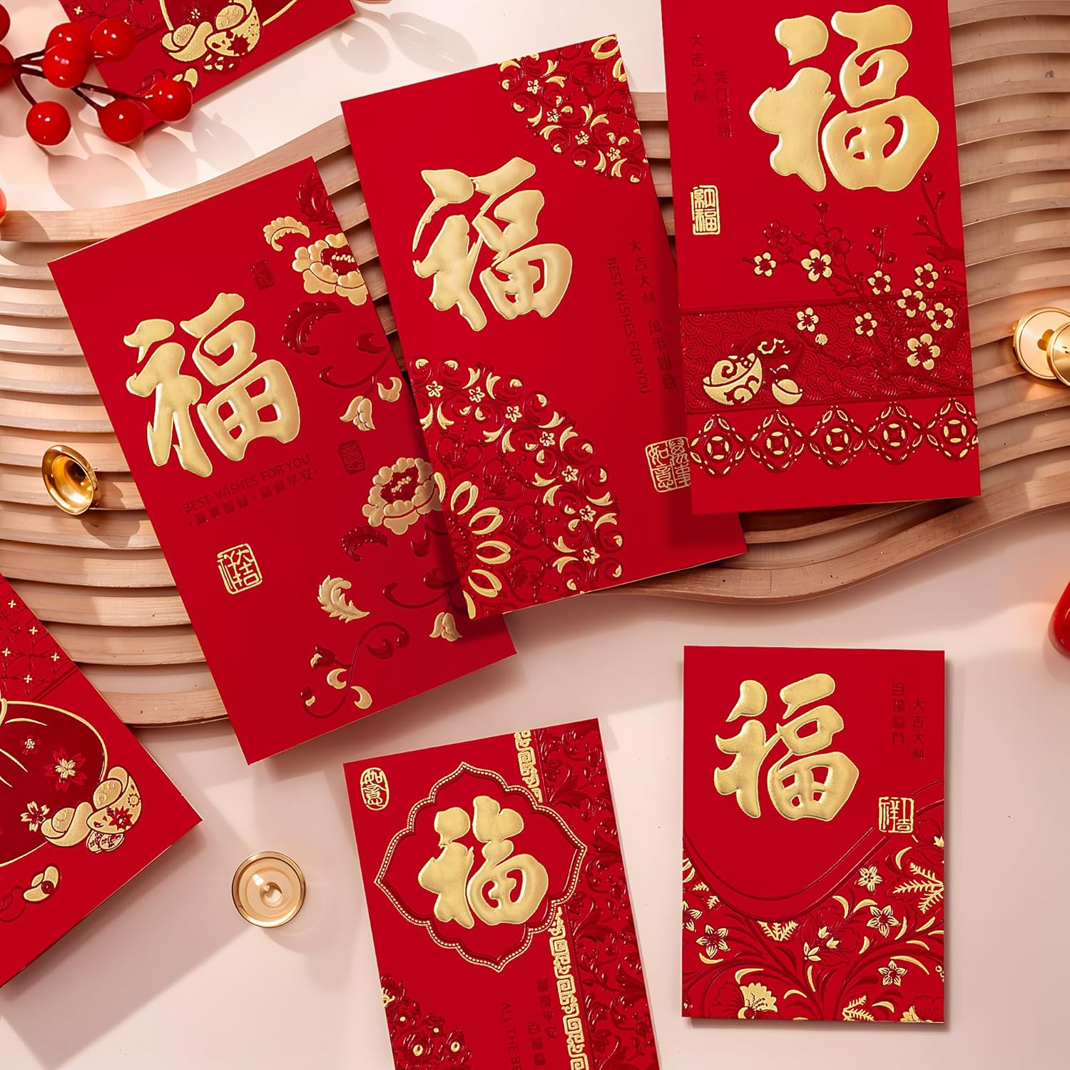 Thxtoms 36Pcs Red Envelopes Chinese New Year,Red Chinese Envelopes for Money 2026 Horse Lunar New Year,6 Designs, Gold Foil Fu, L image number 4