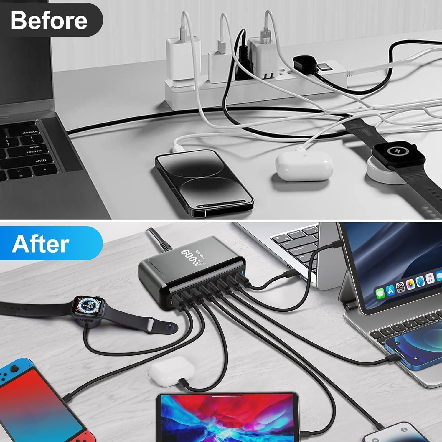 600W USB C Charger, 140W Gan Charger, 8-Port 100W/65W Fast Charging Station Compatible with Macbook Pro 16, Laptop, Ipad, Iphone 16 Pro Max/15, Samsung Galaxy S24/S23, Steam Deck and More