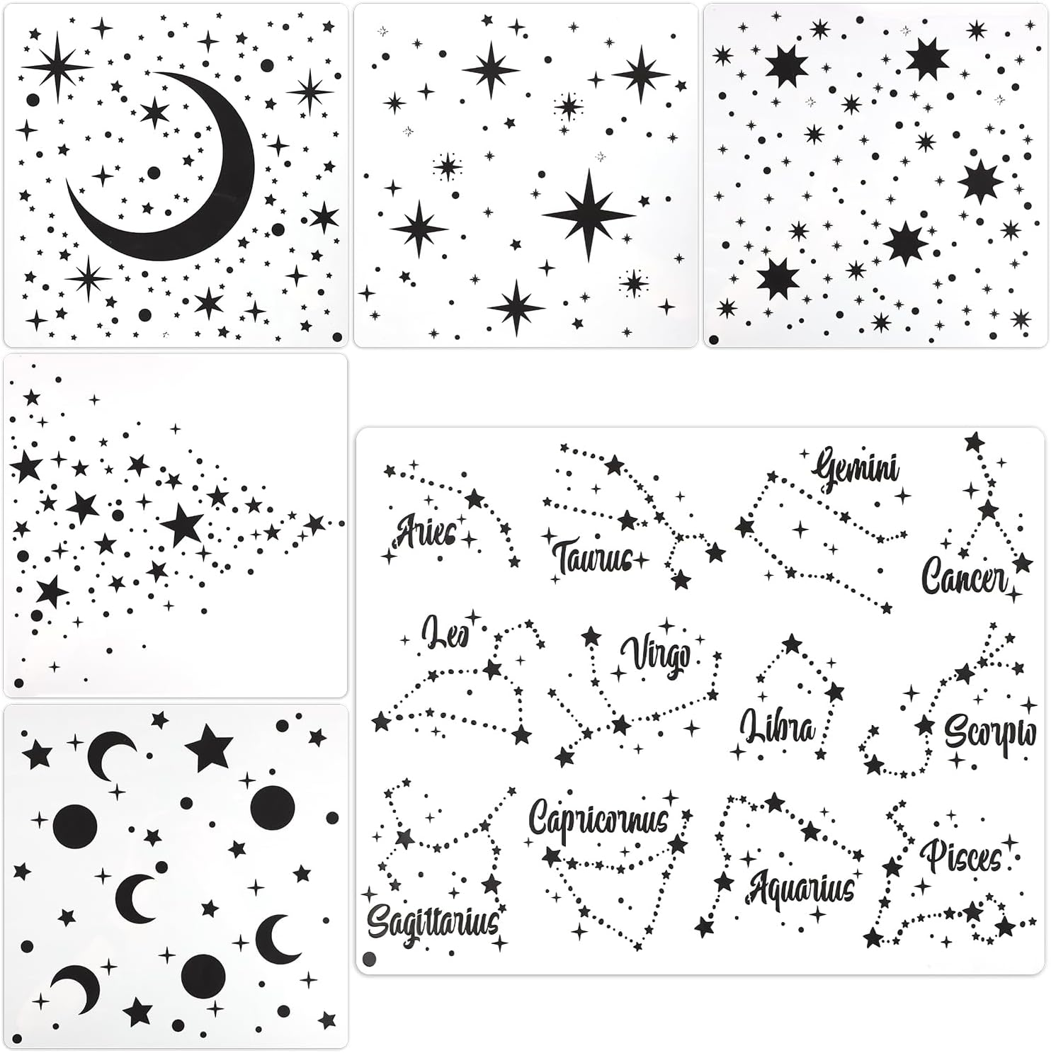 6Pcs Night Sky Stencil, Moon and Stars Template & Zodiac Stencils, Twinkle Star Stencil for Painting Starburst Stencil Wall Painting Stencil for Wooden Furniture Paper Windows Walls Canvases