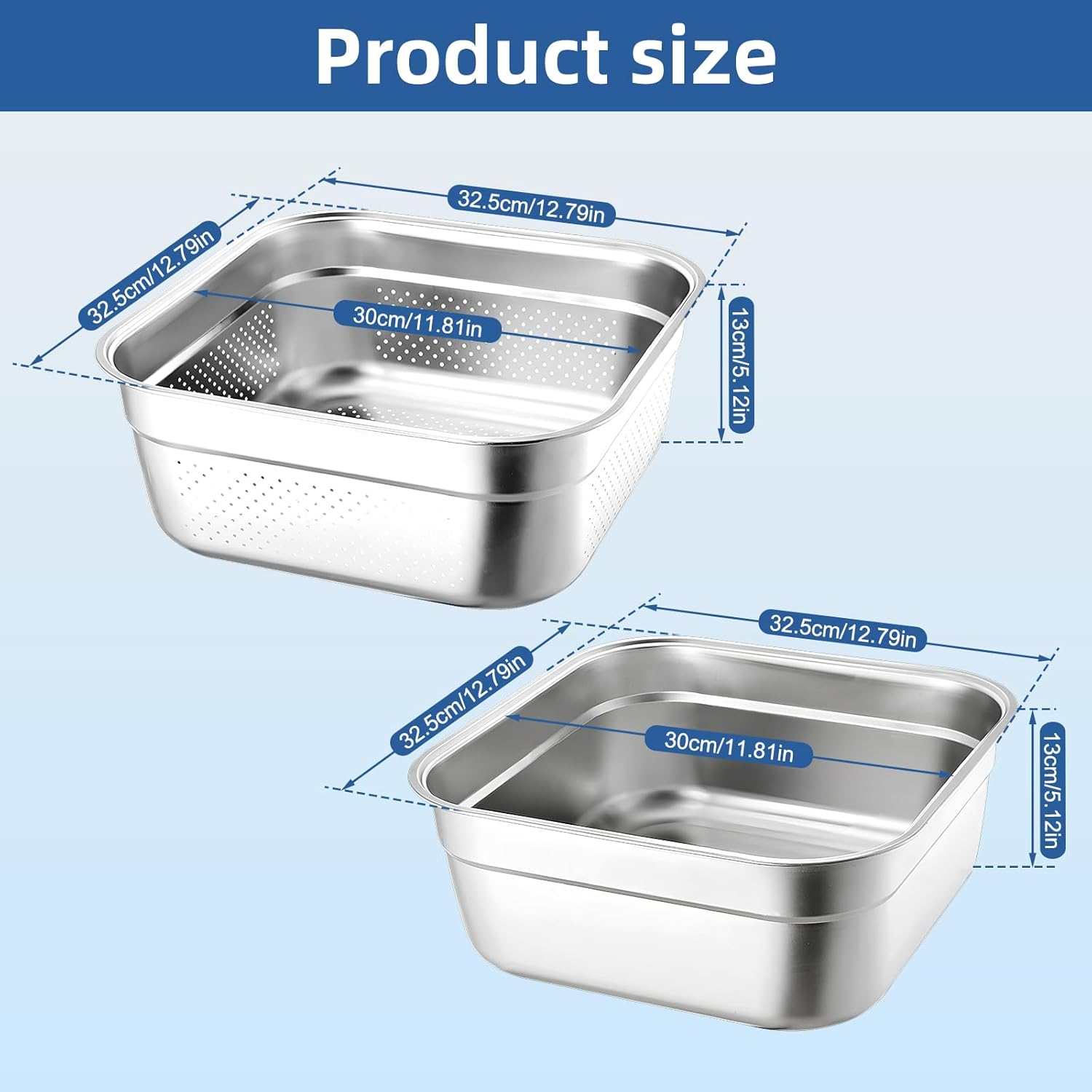 2-In-1 Stainless Steel Washing up Bowl Set, 12.8" Sturdy Square Dish Tub with Colander, Fruit Vegetable Washing Basin for Sink, Food Grade Dishpan for Draining Rice, Pasta, Food Strainer Mixing Bowl