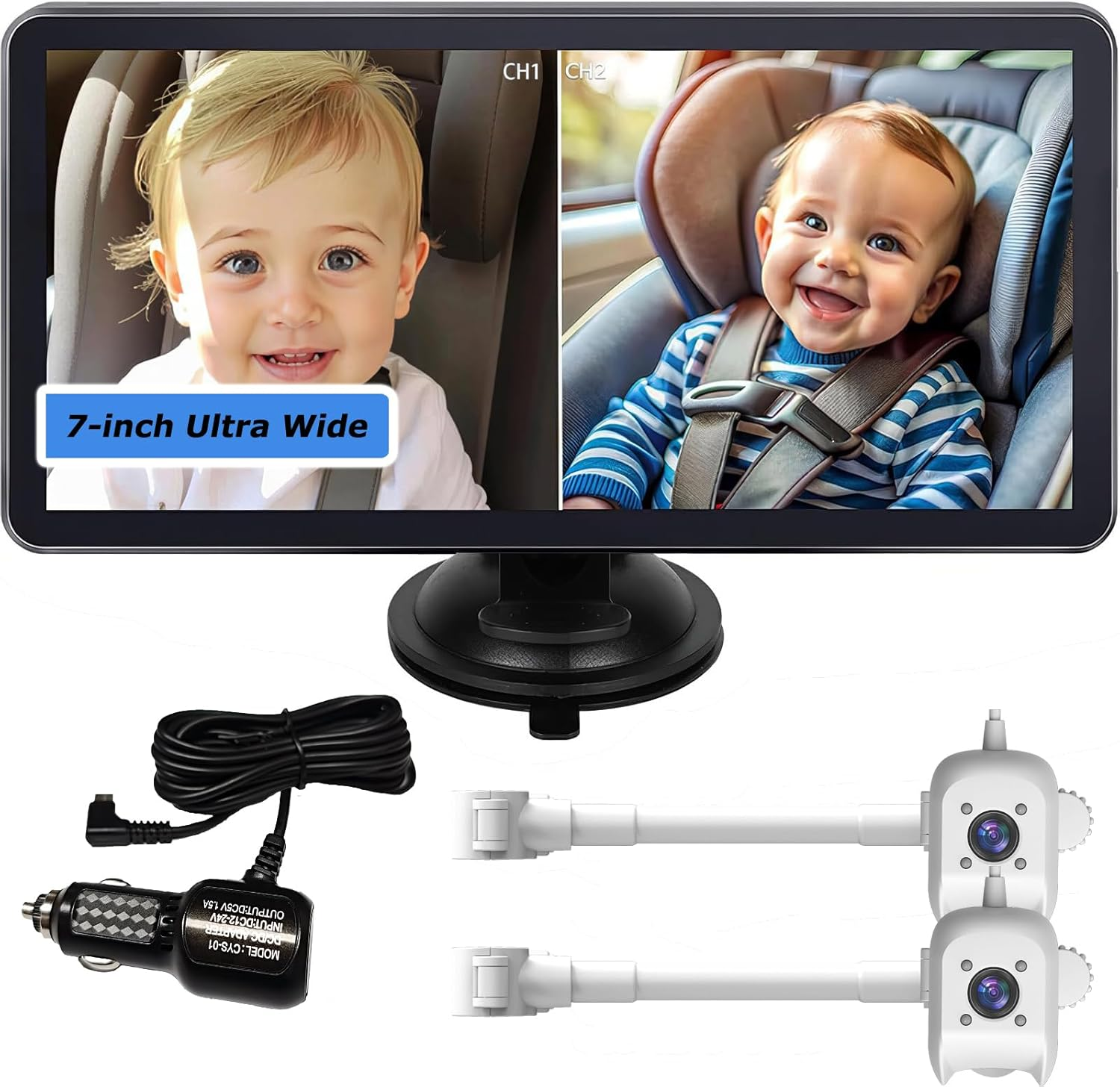 7 Inch Baby Monitor, Split Screen Baby Car Camera 2 Cameras, Baby Car Monitor Can Be Bent at Will, Ultrawide Baby Camera No Wifi with Night Vision