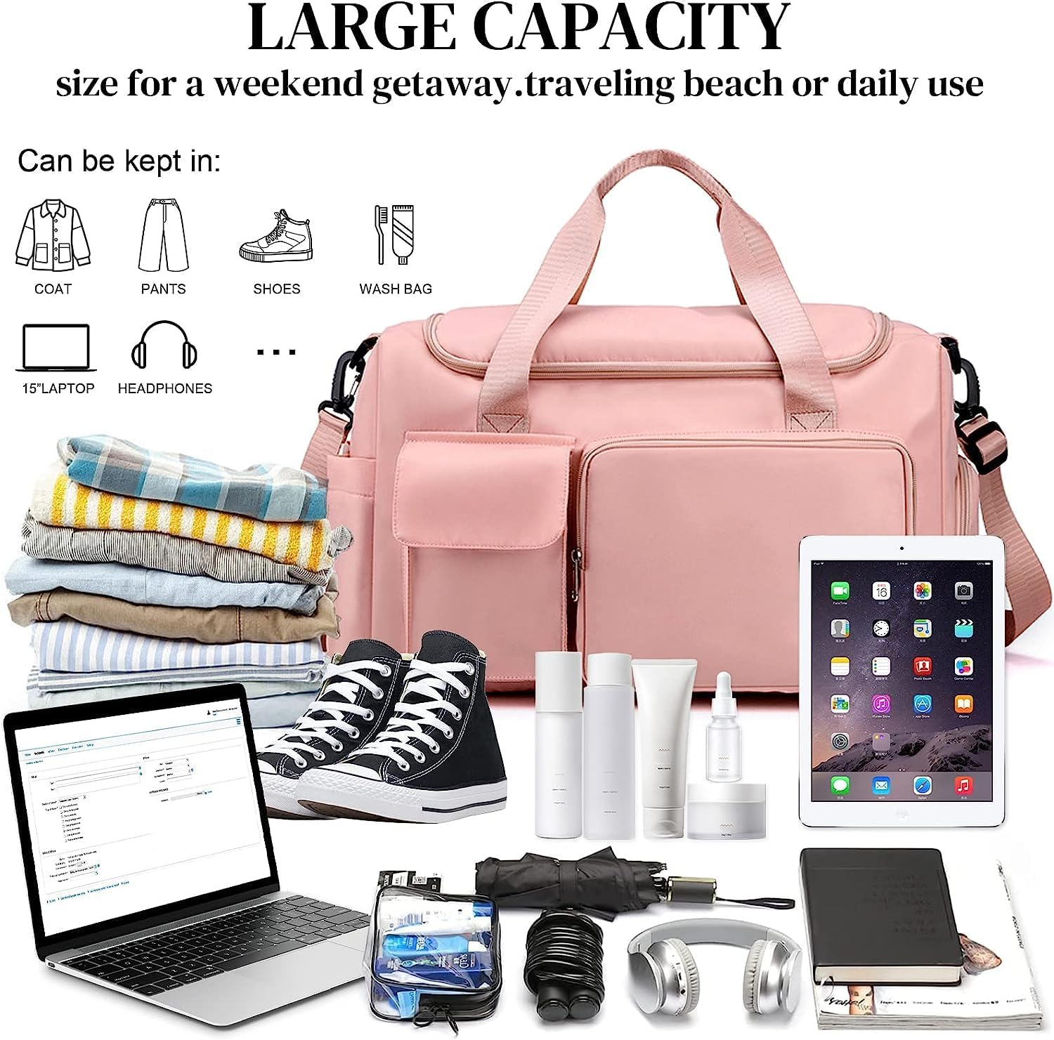 Sports Gym Bag for Women Men,Travel Duffel Bag with Shoes Compartment,Waterproof Weekend Travel Bag Overnight Bag with Trolley Sleeve, Carry Luggage Bag for Weekender,Sports, Gym,Travel (Pink)