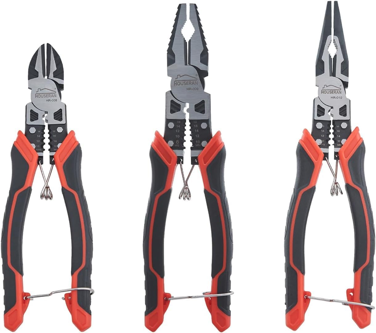 HOUSERAN Linemans Pliers, Combination Pliers with Wire Stripper and Crimper, 8.3 Inch Lineman Plier, Spring Loaded with Safety Lock, 5-In-1 Linesman Pliers for Cutting, Crimping, Stripping