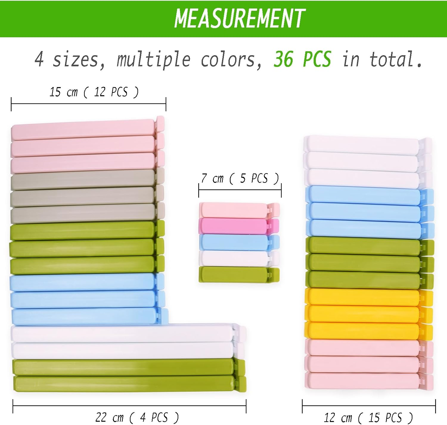 36 PCS Bag Sealing Clips for Food Packages, Decorating Bag, Reusable Plastic Food Clips Bag Clips for Food Snack Storage, for Kitchen and Home, 4 Sizes (22CM * 4, 15CM * 12, 12CM * 15, 7CM * 5) image number 3