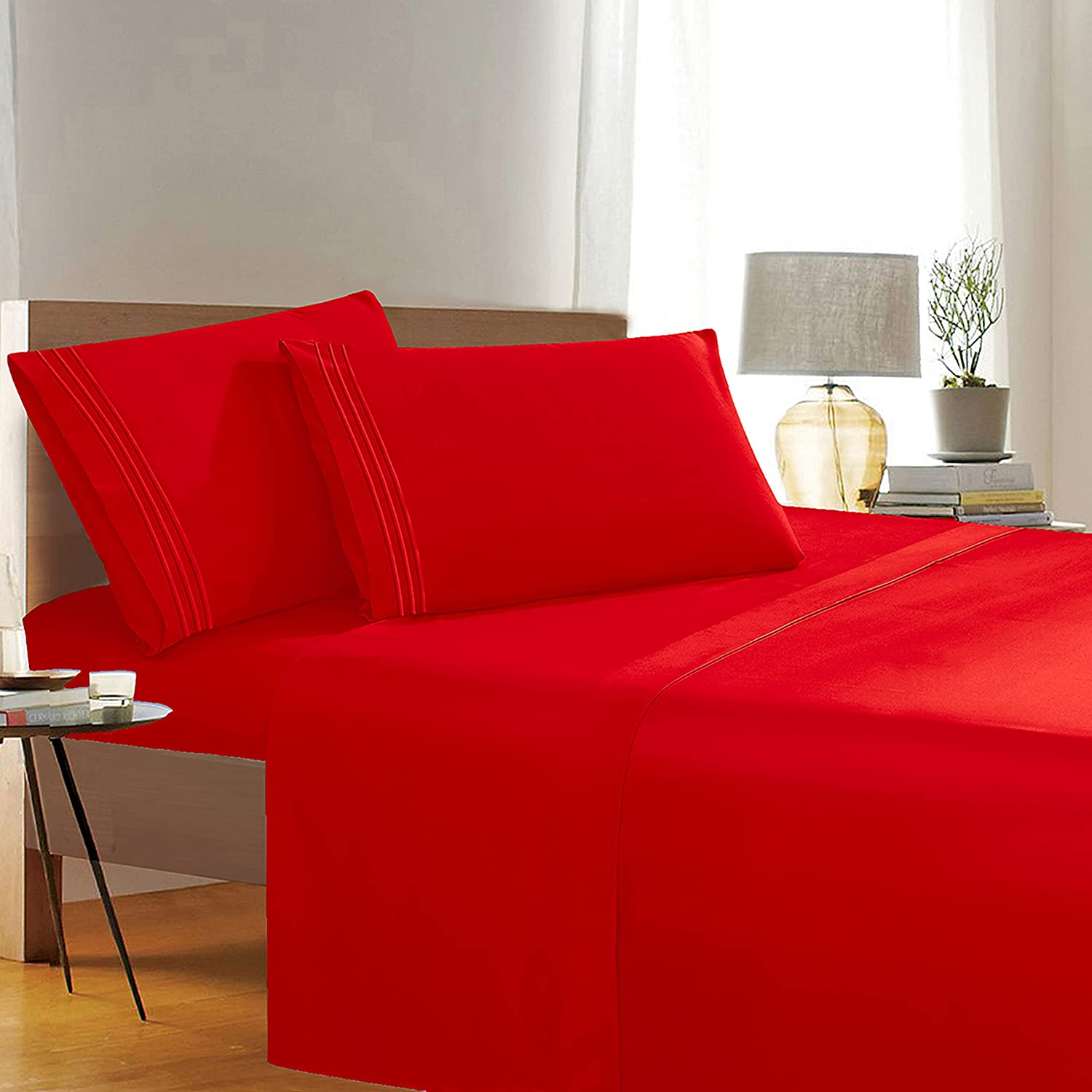 Elegant Comfort Luxury Wrinkle,Fade and Stain Resistant 1500 Thread Count Egyptian Quality 4-Piece Bed Sheet Set, Deep Pocket, Hypoallergenic, Queen Size, Red image number 6