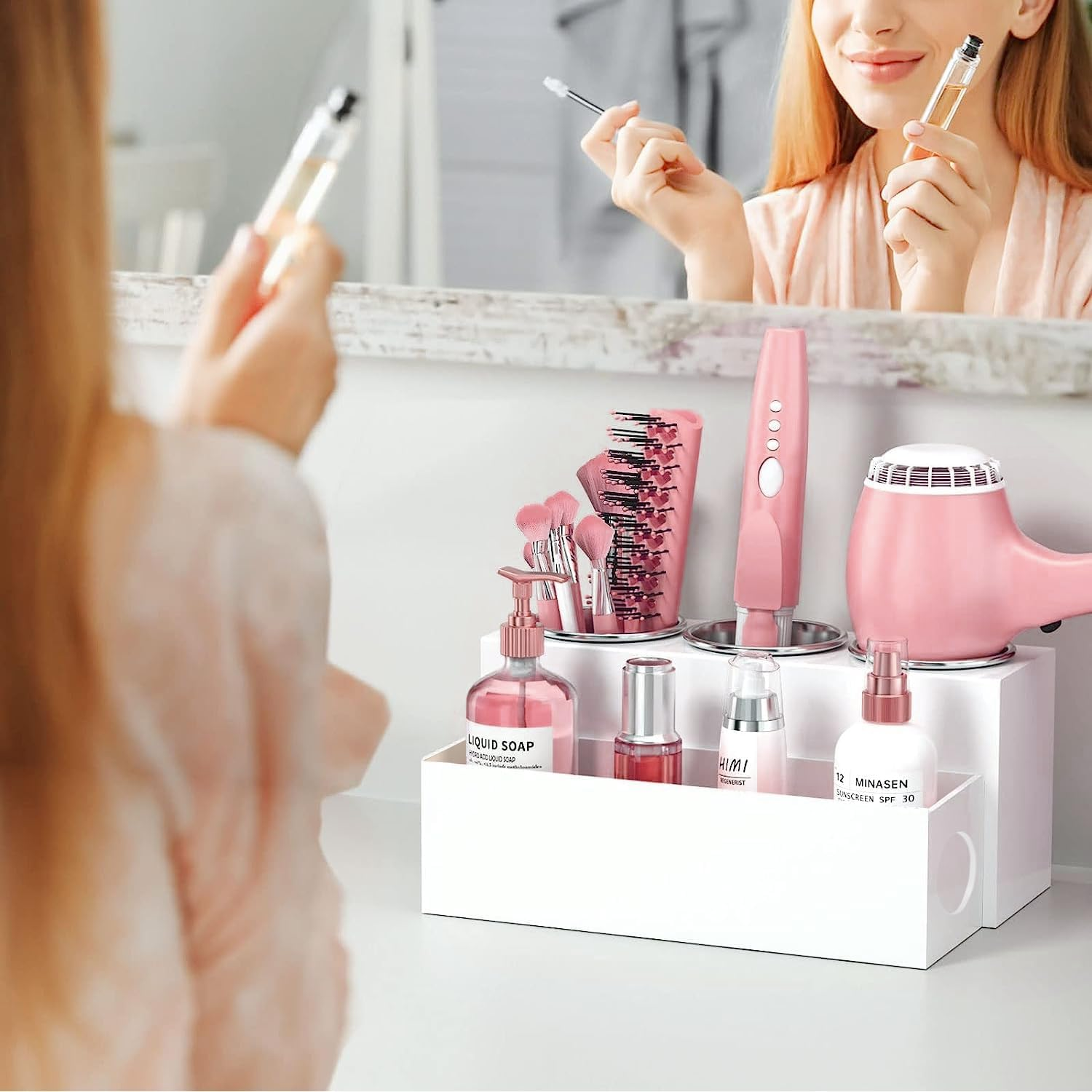 Hair Tool Organizer Acrylic Hair Dryer Bathroom Countertop Blow Dryer Holder Bathroom Trays Holders Organizers Vanity Caddy Storage for Makeup Toiletries White