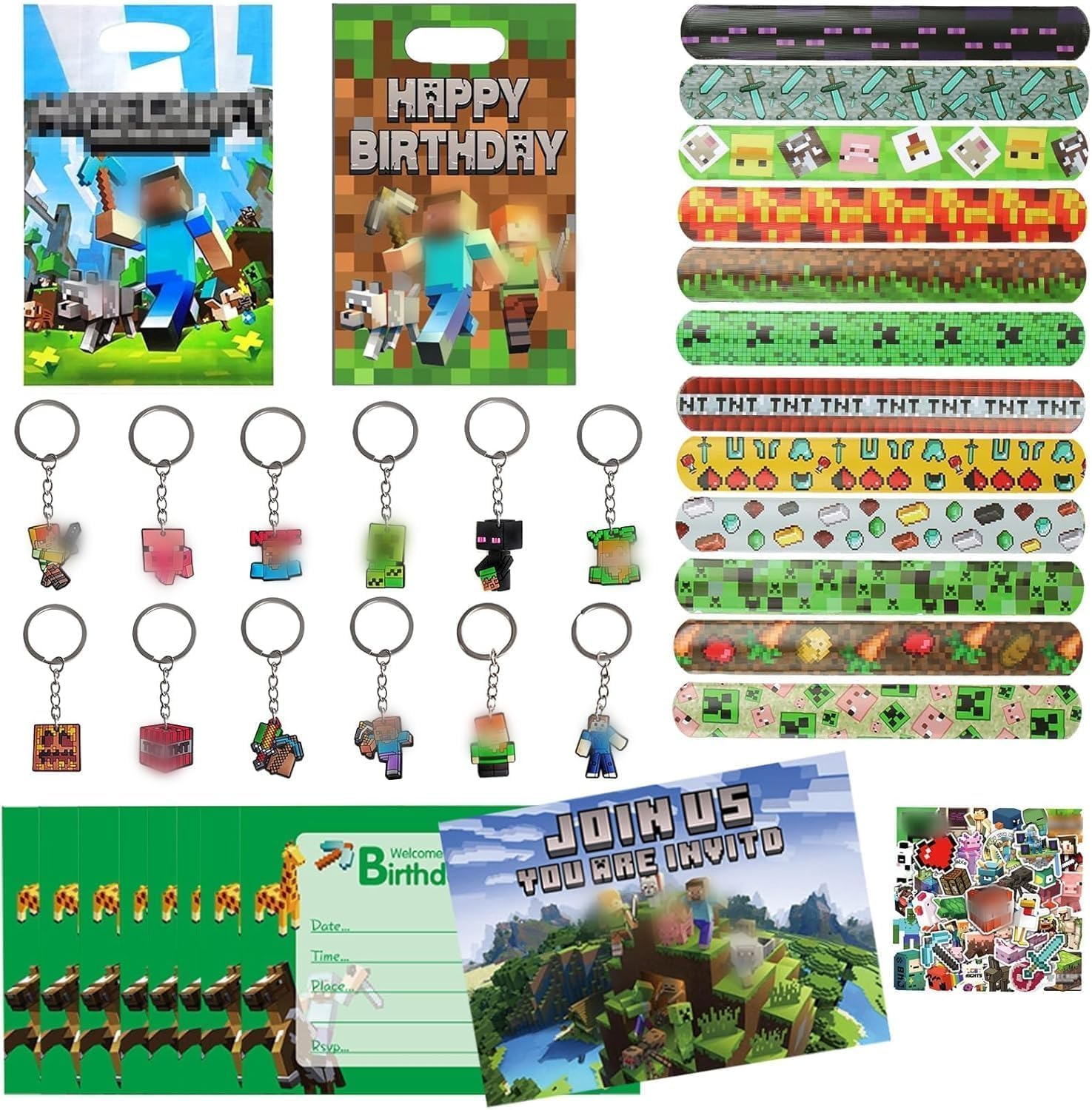 106 PCS Gaming Party Bag Fillers, Miner Party Favours, Miner Party Bag Filler Set with Keychain Slap Bands Party Bags Stickers Invitations Cards, Birthday Party Supplies for Kids