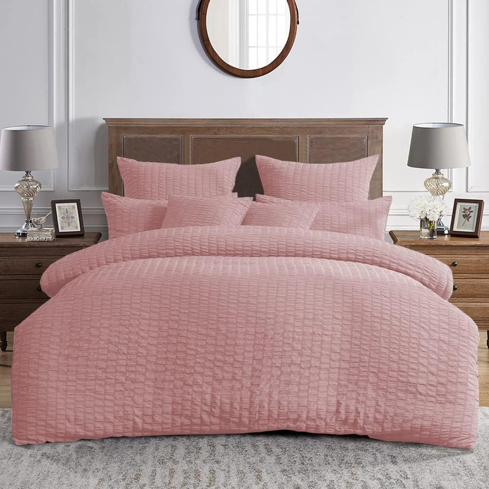 MK Home Textile Seersucker Duvet Cover Set King Bedding Sets with Pillow Cases 100% Cotton Hotel Quality White Silver Charcoal Pink Grey Quilt Covers Double King Superking image number 2