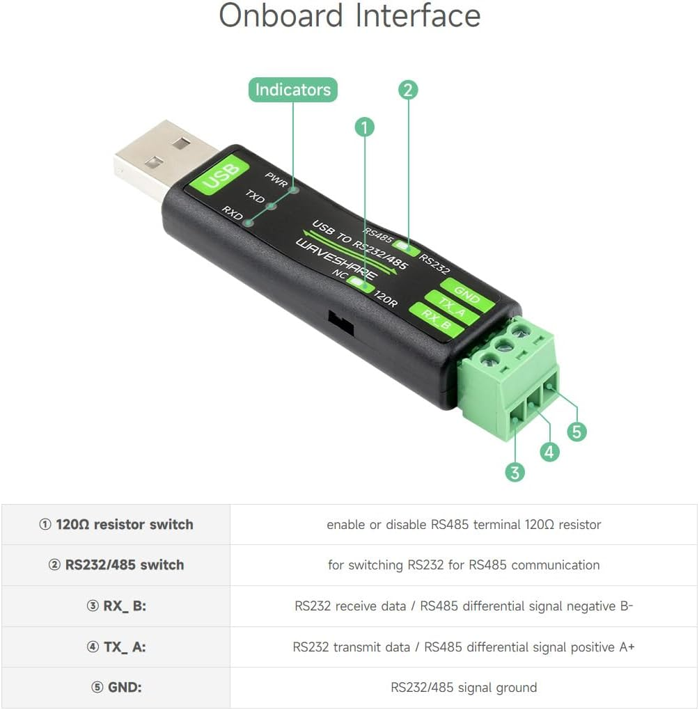 Waveshare USB to RS232/485 Serial Converter, Onboard Original FT232RNL Chip, Features More Stable Transmission, Suitable for Multiple Devices, Compatible with Mac/Linux/Android/Win11/10/8.1/8/7, Etc image number 5