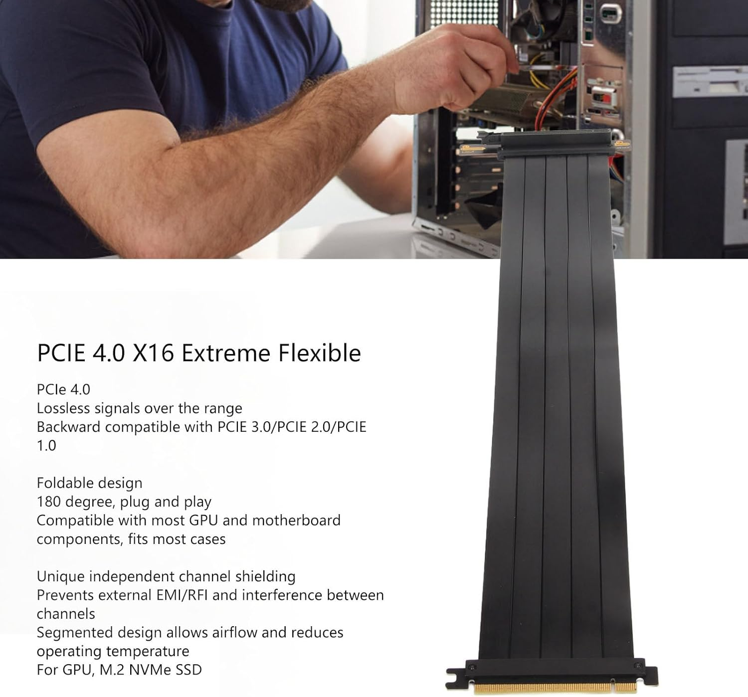 PCIE 4.0 16X Extreme High Speed Riser Cable, High Speed PCIE Riser Cable 180 Degrees, GPU Extension Card for RX6900XT RX6800XT Rtx3090Ti (45Cm)