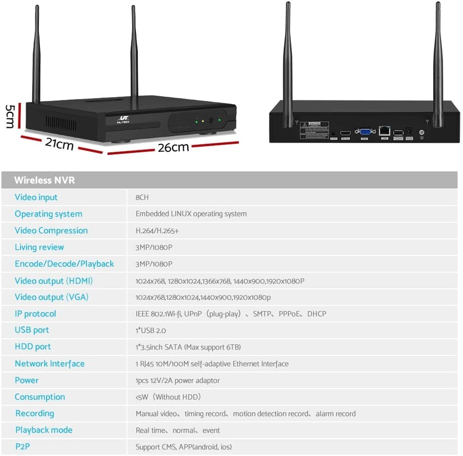 UL-TECH Set of 8 Security Camera, 8 Channel Wireless Surveillance Pet Cameras Hidden CCTV Monitor Wifi Home Safe Outdoor Indoor System, 3Mp Full HD NVR P2P with Built in Ir-Cut White image number 5