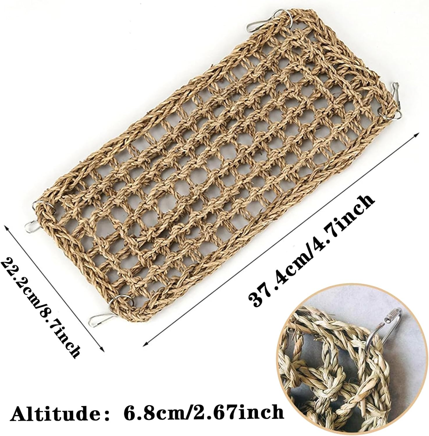 Natural Grass Woven Bird Net Hammock,Bird Seagrass Mat,Climbing Rope Ladder,Hammock Hanging on Parrot Cage,With 4 Hooks,Chew Toys for Lovebirds,Cockatiels,Pigeon,Budgies Etc (29.5 X 7In/75 * 18Cm) image number 2