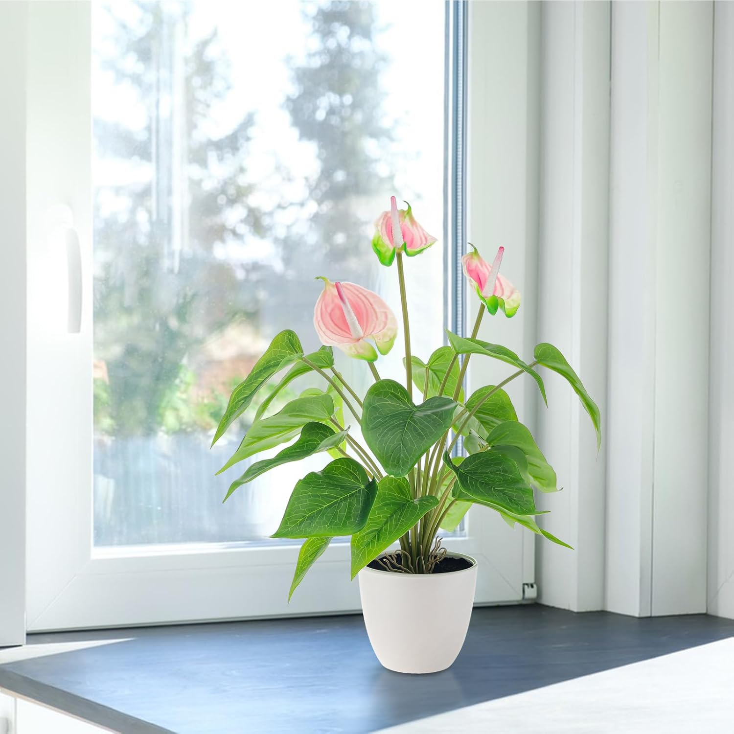 Quancru 42Cm Pink Artificial Anthurium Lily Flower Fake Andraeanum Plant Decor Real Touch Simulation Bonsai DIY Wedding Party Show Ceremony image number 4