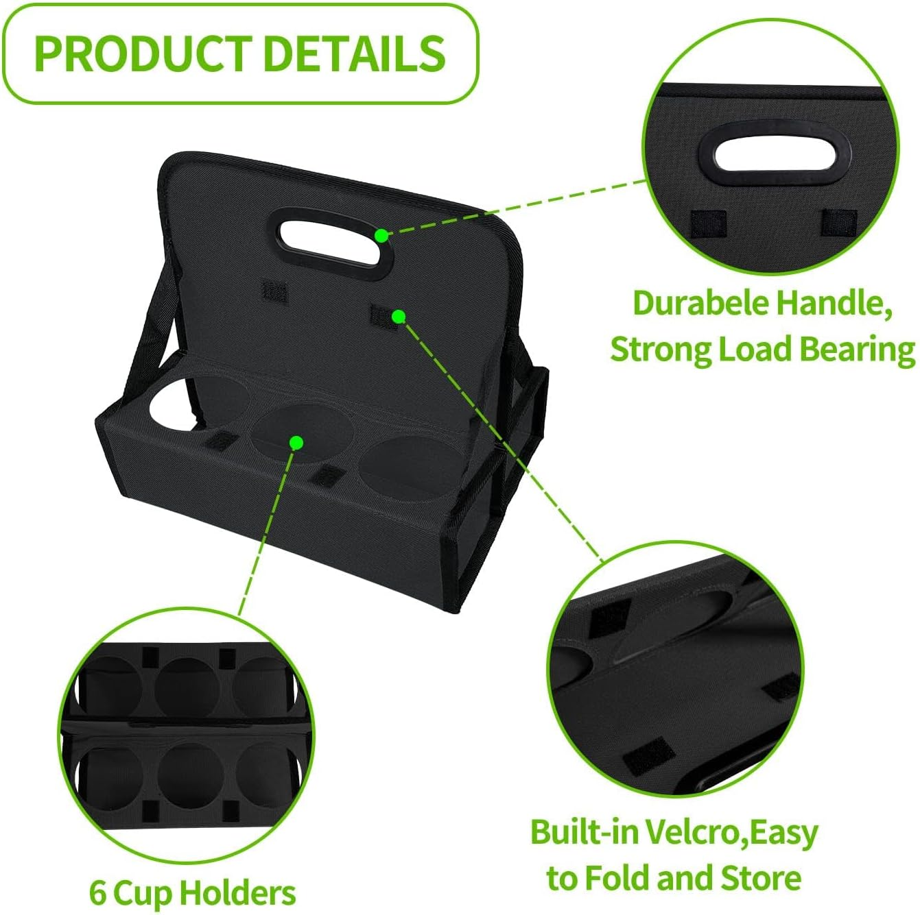 Cup Caddy Portable Drink Carrier or Cans Reusable, 6-Cup Holder with Handle, Folds Flat, Carry Coffee, Wine, Cocktails, Safely Secures Hot and Cold Beverages- for Delivery and Take Out (Black) image number 2