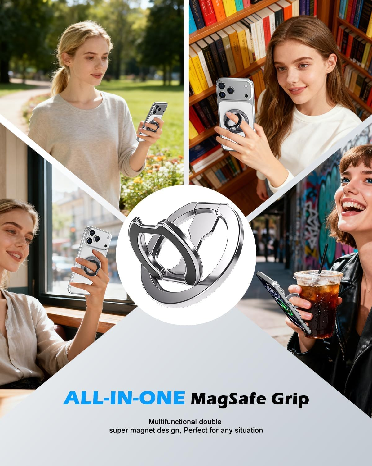 Cloudvalley Magnetic Phone Ring Holder for Magsafe, Dual-Sided Removable Phone Grip with 360&deg;Rotating Kickstand, Strong Magnet for Iphone 17 16 15 14 13 12 Series & Magnetic Car Mounts, Gray