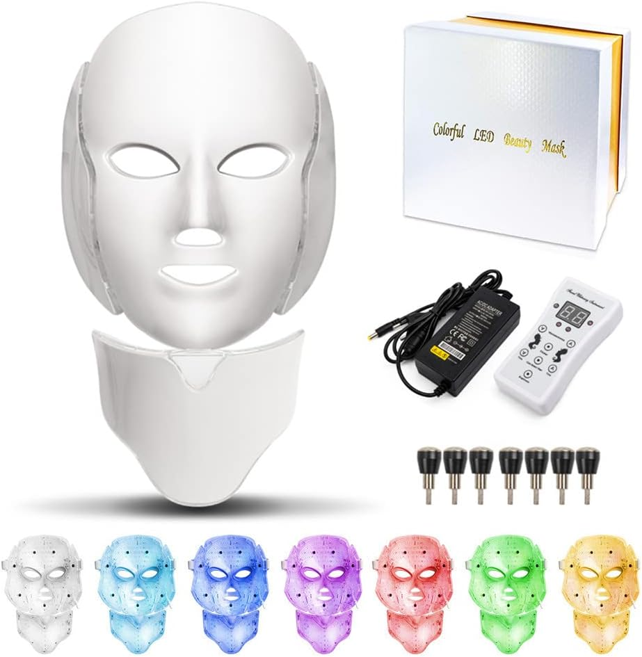 Led Face Mask with Neck - 7 Color Photon Blue Red Light Maintenance Skin Rejuvenation Facial Skin Care Mask Maintenance for Healthy Skin Rejuvenation | Home Light Maintenance Facial Care Mask image number 1