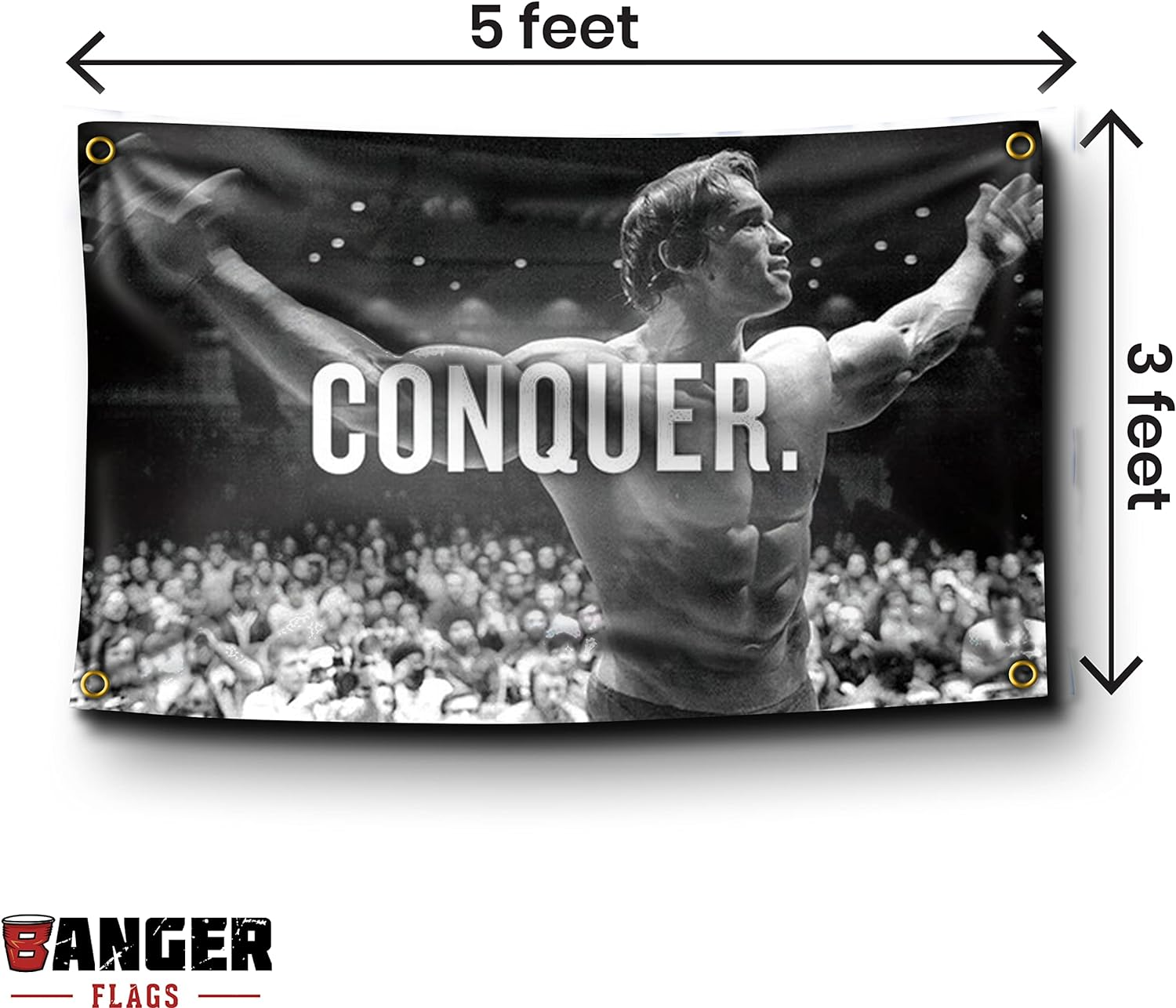 Banger Flags Banger - Original Arnold Schwarzenegger Conquer Motivational Inspirational Office Gym Dorm Wall Decor Design on a 3X5 Feet Flag with 4 Grommets for Easy Hanging. Authentic image number 4