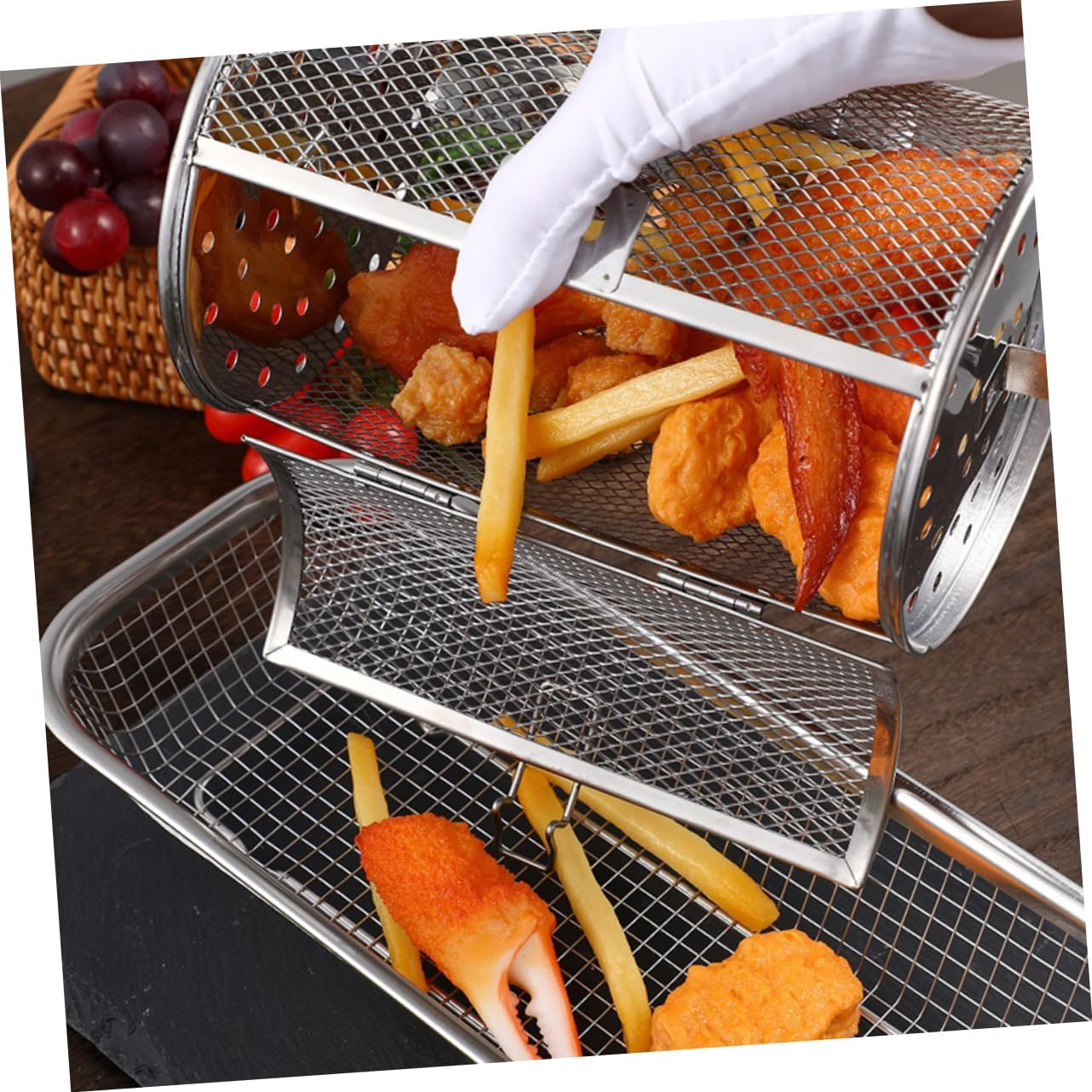 VANZACK Rotisserie Oven Accessories BBQ Vegetable Grill Basket Air Fryer Rotisserie Basket image number 6