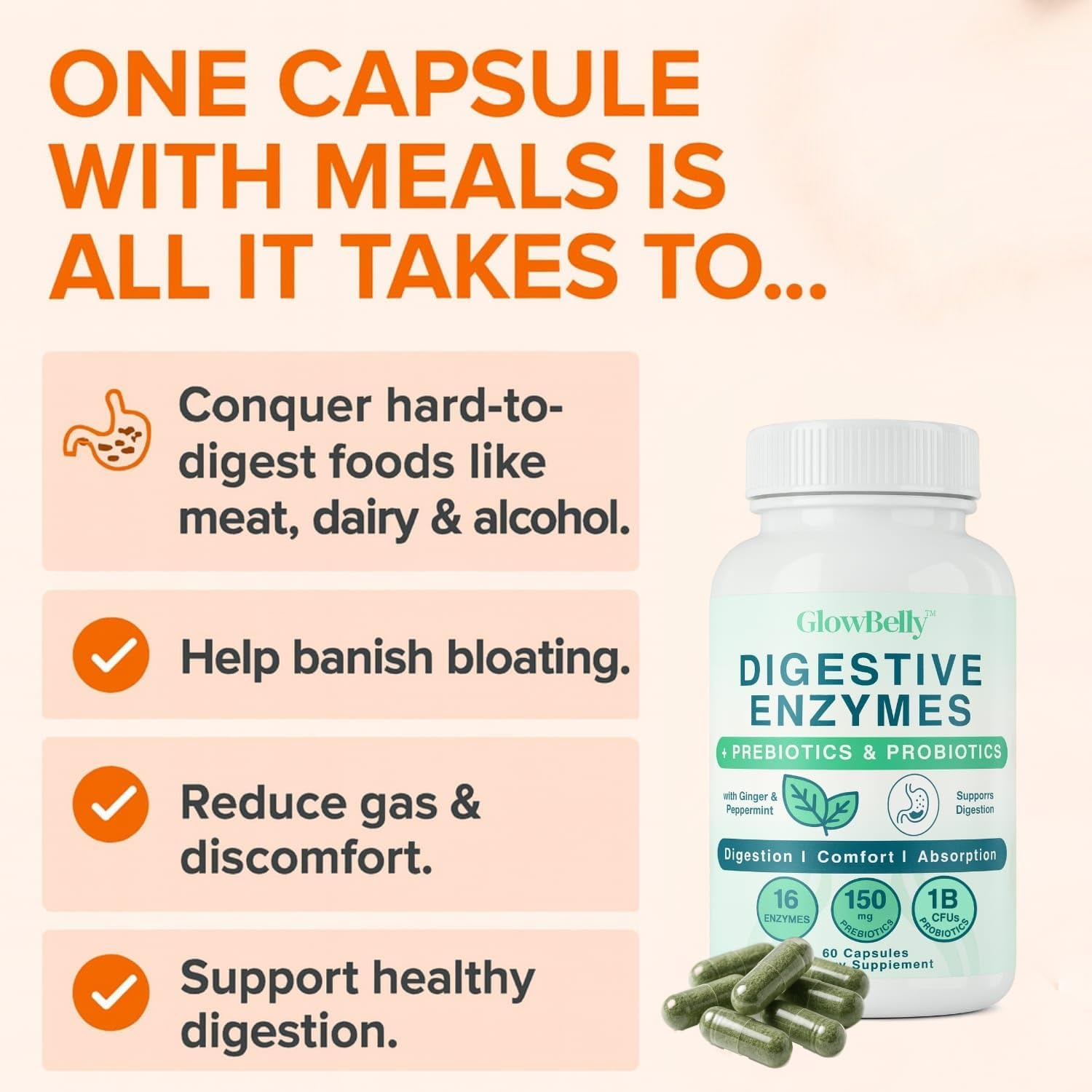 Glowbelly Digestive Enzyme Complex | 16 Plant-Based Enzyme Strains with Prebiotics, Probiotics (1B CFU), Peppermint & Ginger | 60 Vegan Gluten-Free Capsules