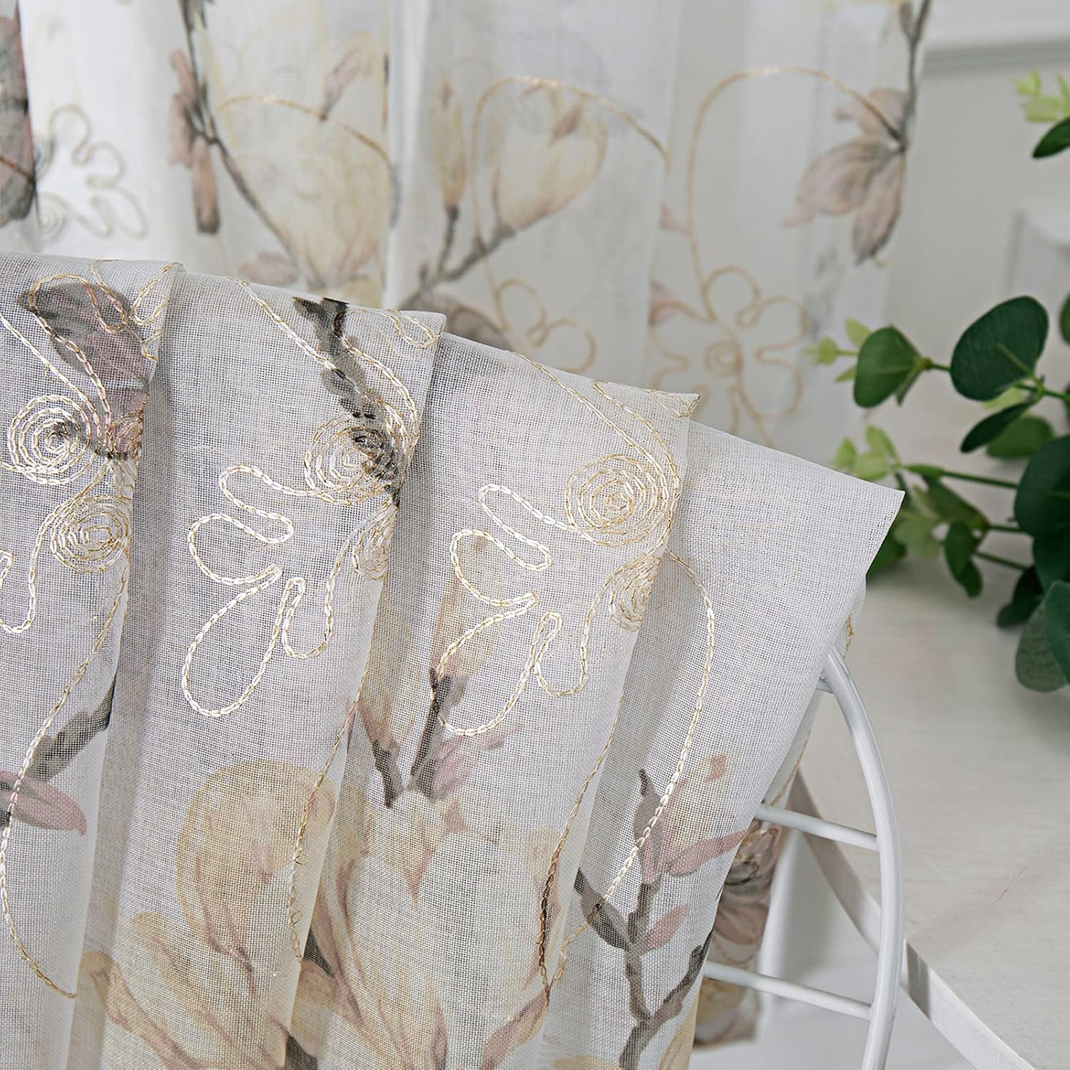 Tollpiz Floral White Sheer Curtain Flower Print Vine Embroidery Bedroom Curtains Rod Pocket Voile Window Curtain for Living Room, 54 X 84 Inches Long, Set of 2 Panels image number 5