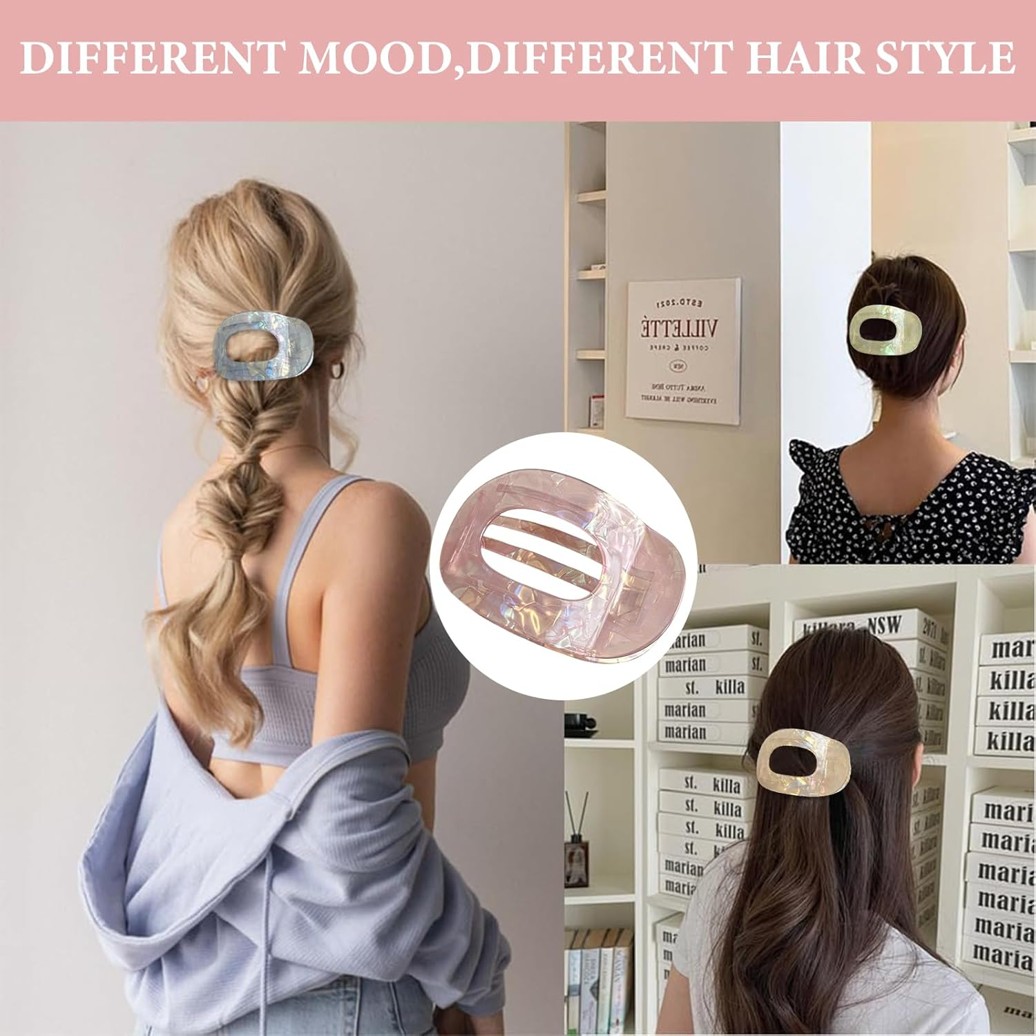 Yeomju Pack of 4 Acetate Flat Hair Clips, Flat Claw Clip for Women, Candy Colour Lay down Hair Clip for Thick and Thin Hair, Comfortable, Curved Flat Clips image number 1