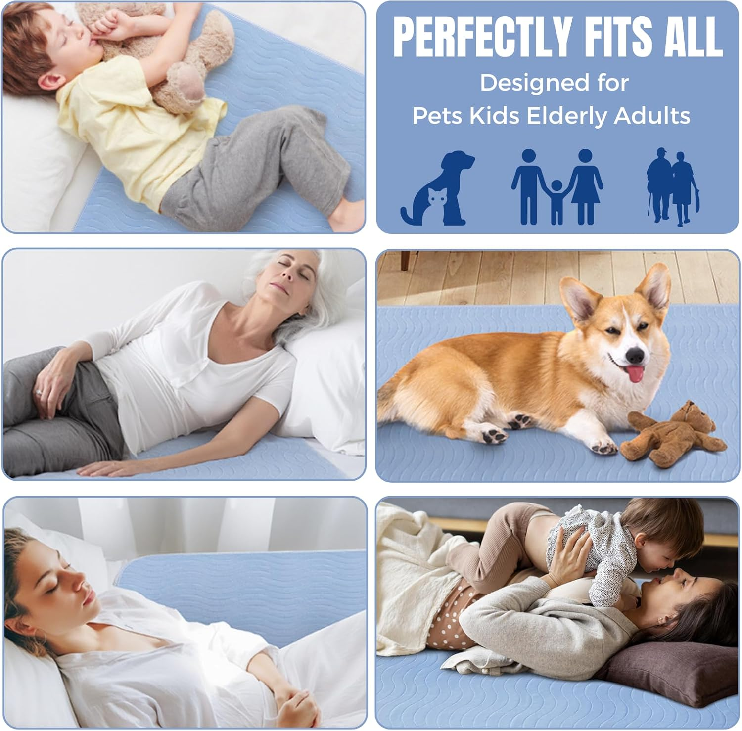 Washable Underpads 86 X 91 CM (2 Pack), JOMWEN Heavy Absorbency Reusable Incontinence Bed Pads for Adults, Kids, Elderly and Pets, Absorbent Protective Pads for Bed, Couch, Floor (Blue, 34" X 36")