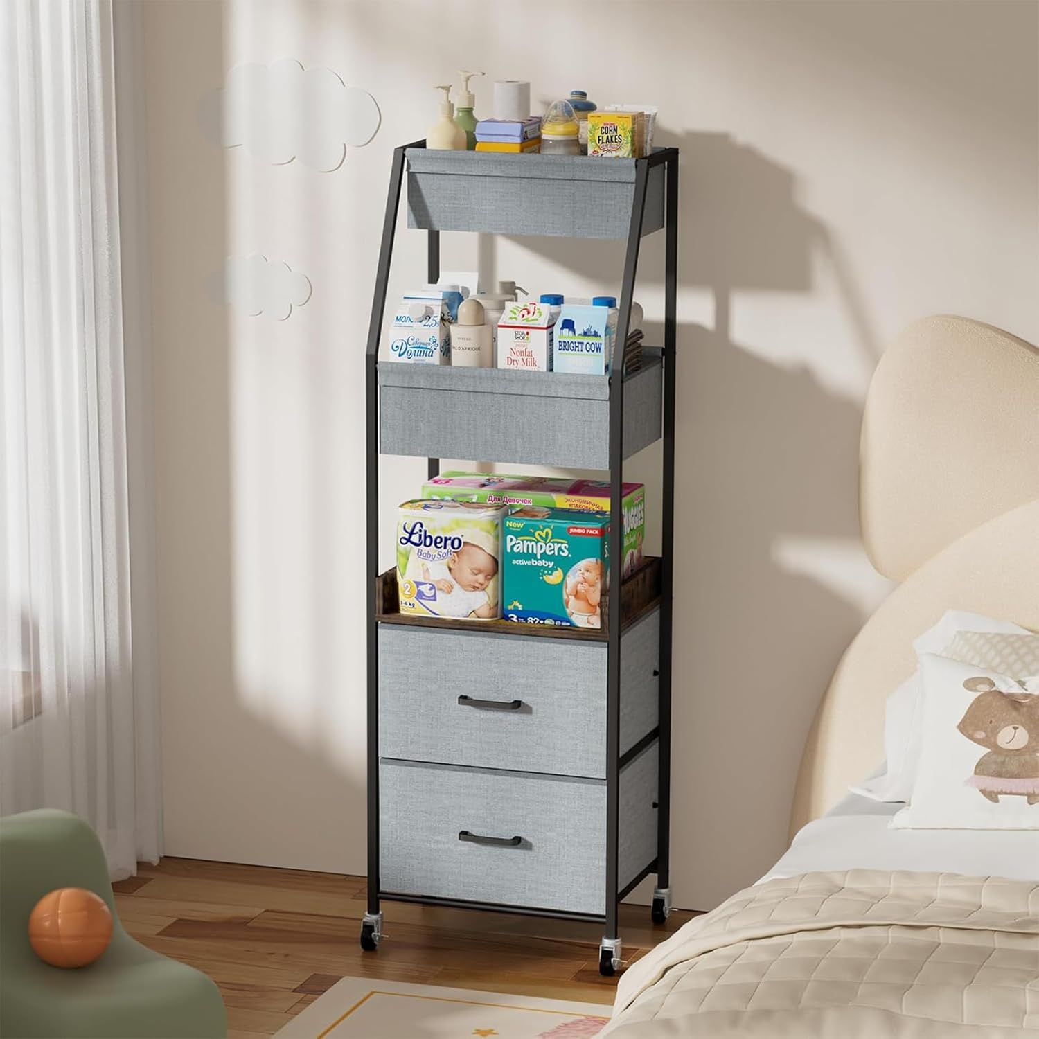 Baby Diaper Caddy Organizer and Storage - 5 Tier Rolling Cart with Dividers and Drawers, Mobile Utility Cart with Wheels for Nursery, Bedroom, Changing Table & Crib, Grey image number 5