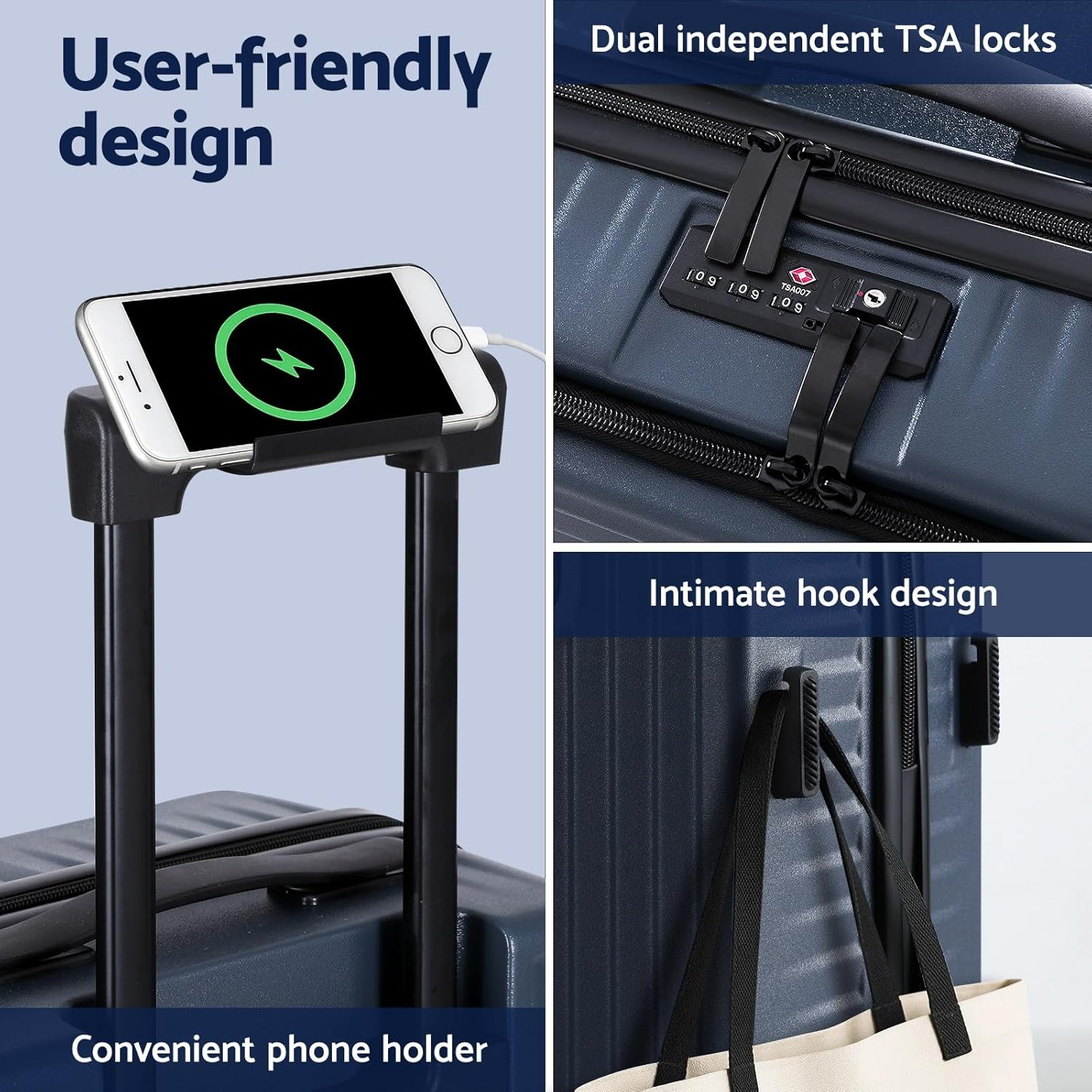 Wanderlite 20'' Luggage, Suitcase with Front Pocket & Dual TSA Locks, Carry on Luggage with Phone Holder & Hook, Lightweight Hardshell, Airline Approved, Navy - White image number 3