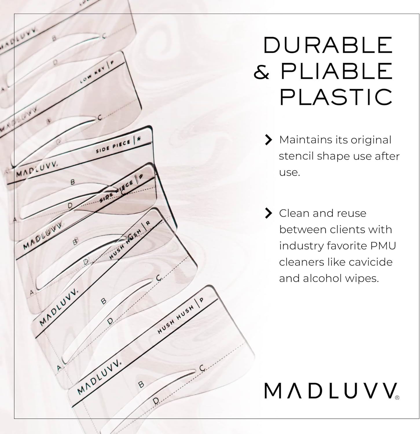 MADLUVV Best Eyebrow Shaping Stencil Kit, Set of 6 Plastic Reusable Stencils for Semi Permanent Microblading Tattoo & Makeup Artists with Pencil & Microblades (On the DL) image number 6