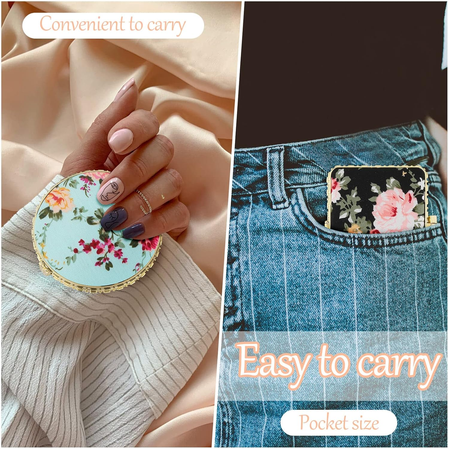 Blulu 8 Pieces Compact Mirror Bulk for Purse Flower Small Floral Retro Folding Portable Pocket Mirror for Women Girls Travel Gift(Gold Edge) - Gold Edge image number 2