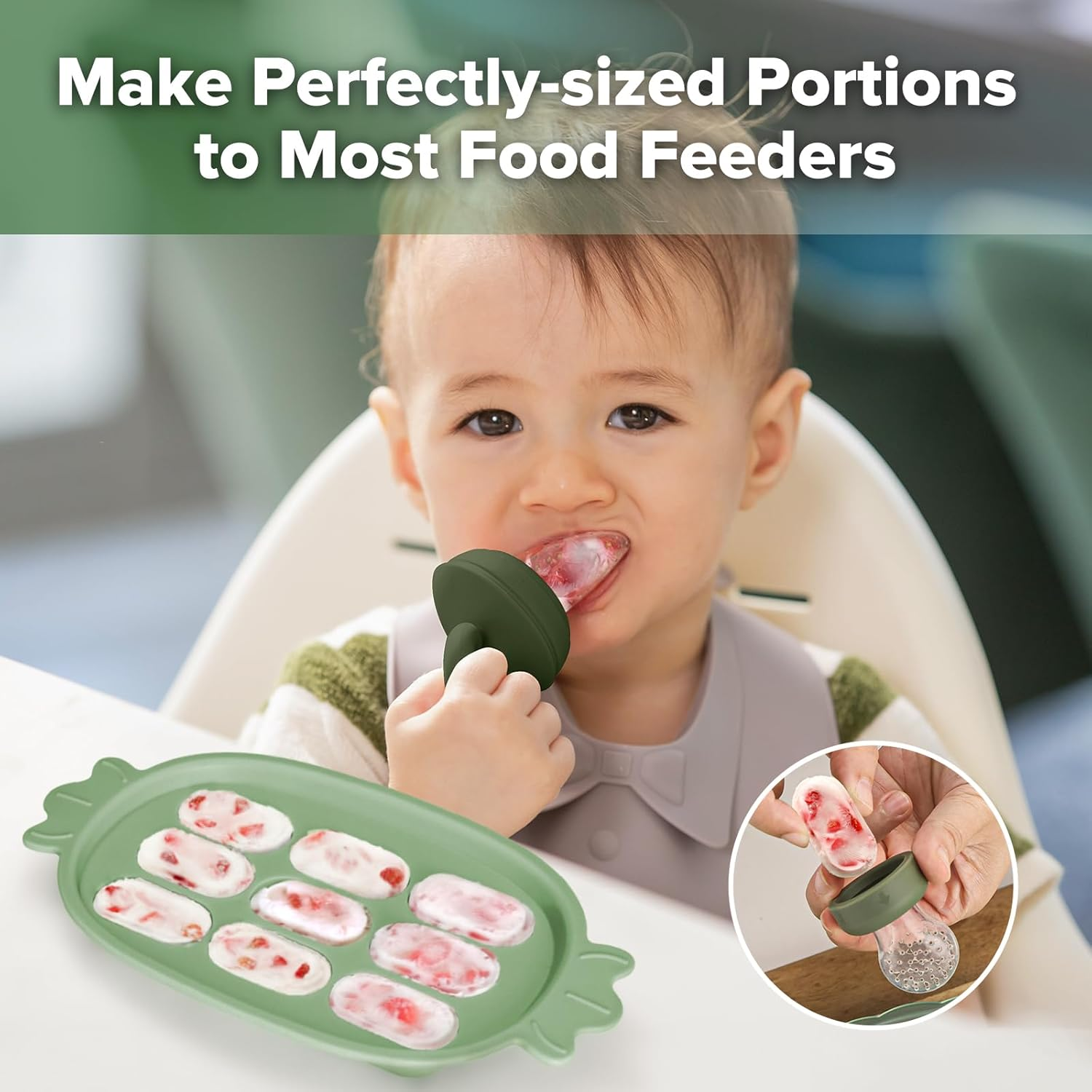 Haakaa Baby Popsicle Mold - Baby Food Maker & Breastmilk Teething Freezer Tray - BPA Free Silicone-Green image number 5