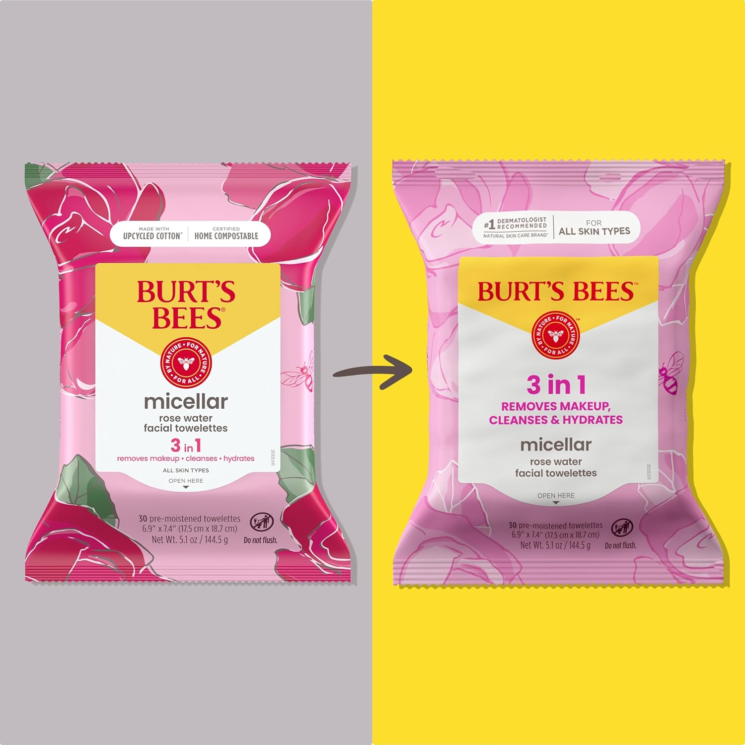 Burt'S Bees Rose Water Face Wipes, for All Skin Types, Hydrating Micellar Makeup Remover & Facial Cleansing Towelettes, 30 Ct (3-Pack) image number 4