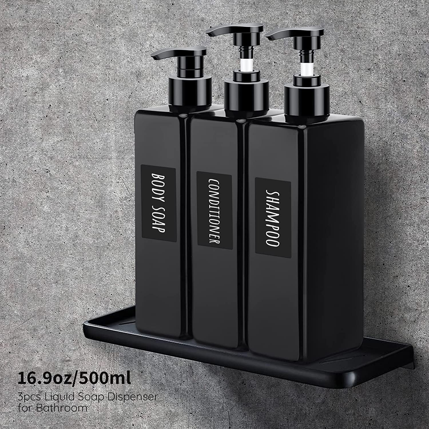 Segbeauty Shower Refillable Dispenser, 3Pcs 16.9Oz 500Ml Pump Press Bottles with Labels, Empty Reusable Plastic Soap Dispenser Bathroom Shower Containers for Body Wash Shampoo Conditioner Lotion Black image number 1
