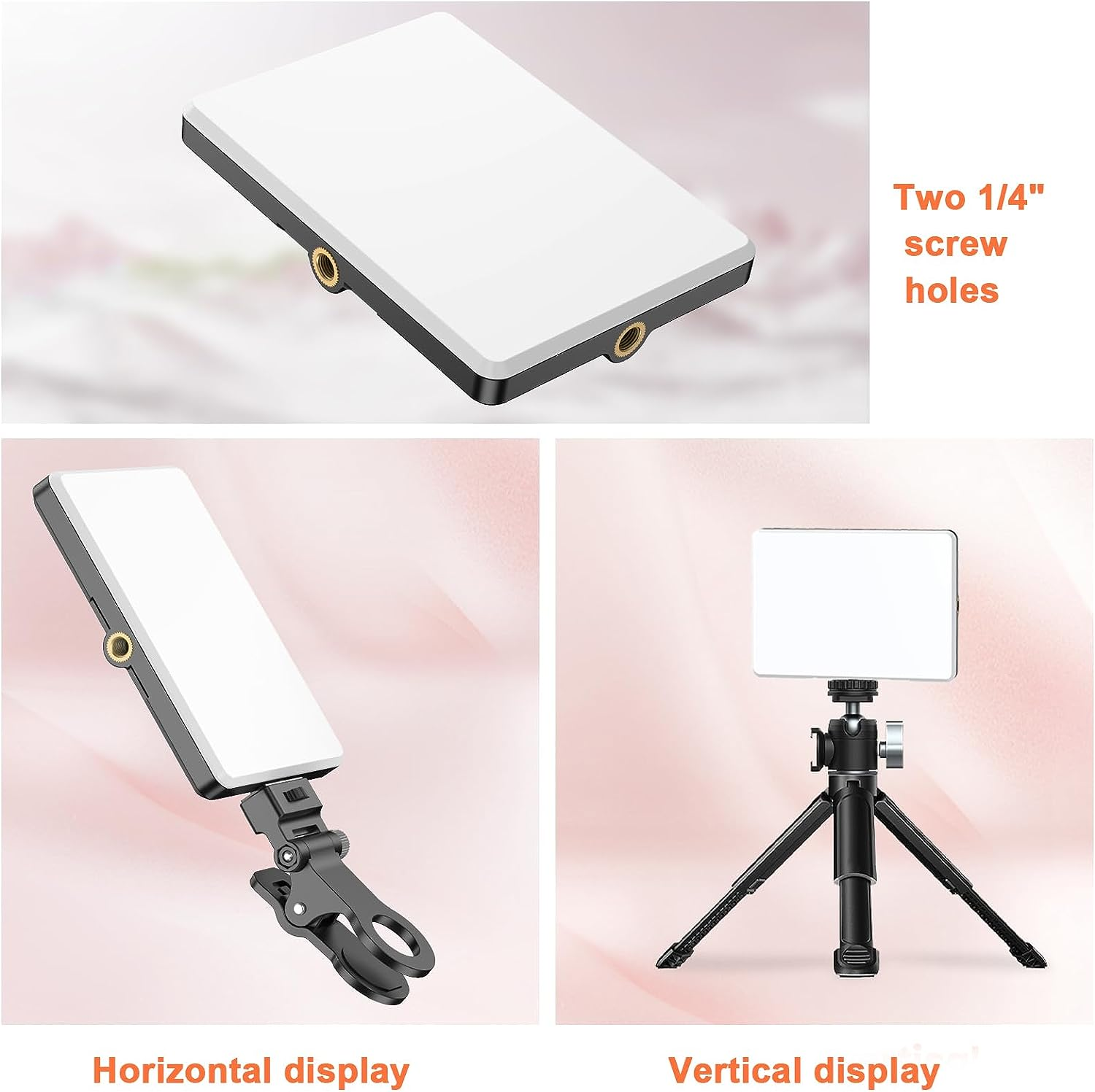 TONEOF Portable Selfie Light,Rechargable 60 LED Phone Light with Clip & Double 1/4" Screw Hole,3200K-6500K Dimmable Light for Iphone,Android,Laptop,Tablet,Selfie/Video Conference (Black, 60 LED) image number 3