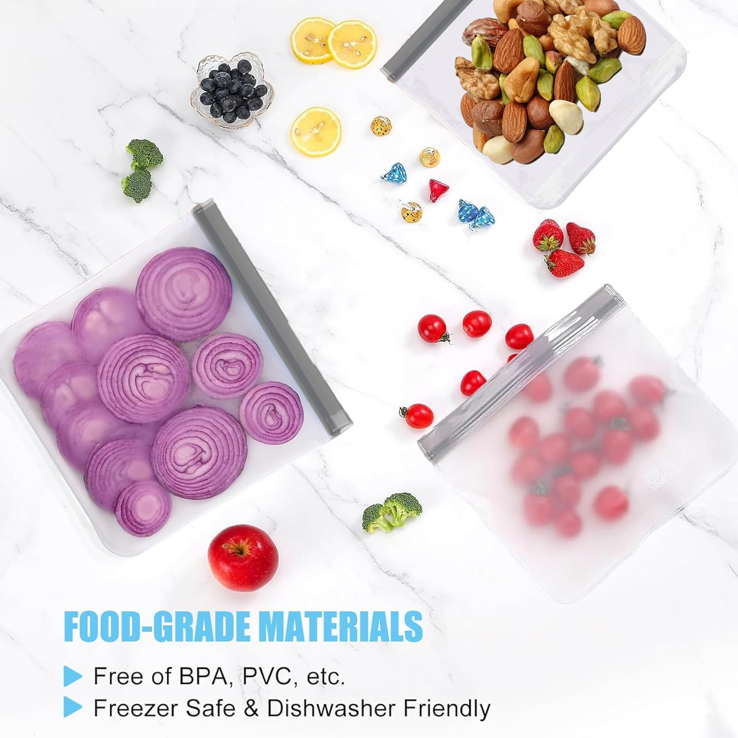 Freezer Bags PEVA, 11&times;11Inch, Leakproof, Dishwasher Safe, Bpa-Free+Stores Meats, Cereal, Veggies; Home Organization+Home Cooks, Families+Practical, Durable, Food-Safe+Reusable Freezer Bags(8Pcs, Grey) image number 5