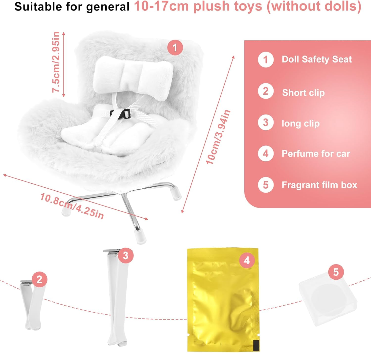 Car Seat for Dolls with Soft Furry Cushion, Car Ornament for Accessories Suit, Decorative Car Sofa Seat, Cute Air Vent Decor to Display Doll Toy for Fans and Collectors (White) - White image number 2