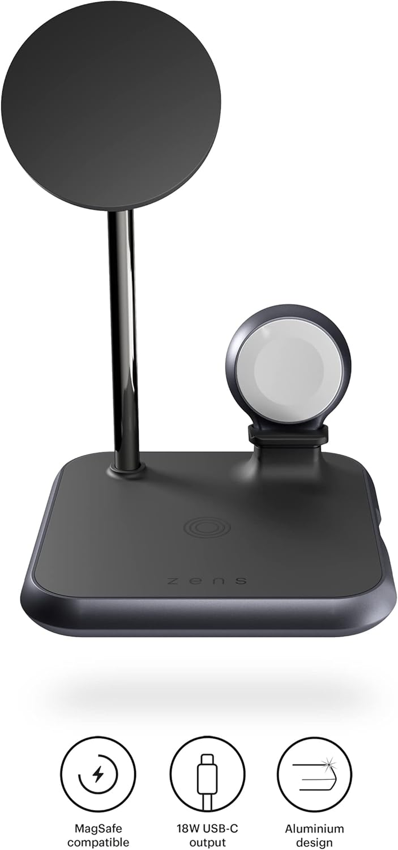ZENS Magnetic+Watch Aluminium 4-In-1 Wireless Charger Compatible with Magsafe (Qi/Mfi Certified, Power Supply with Cable Included) Black image number 5
